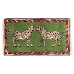 Vintage Gabbeh Persian Runner, Green with Twin Lion Pictorials - Rug & Kilim