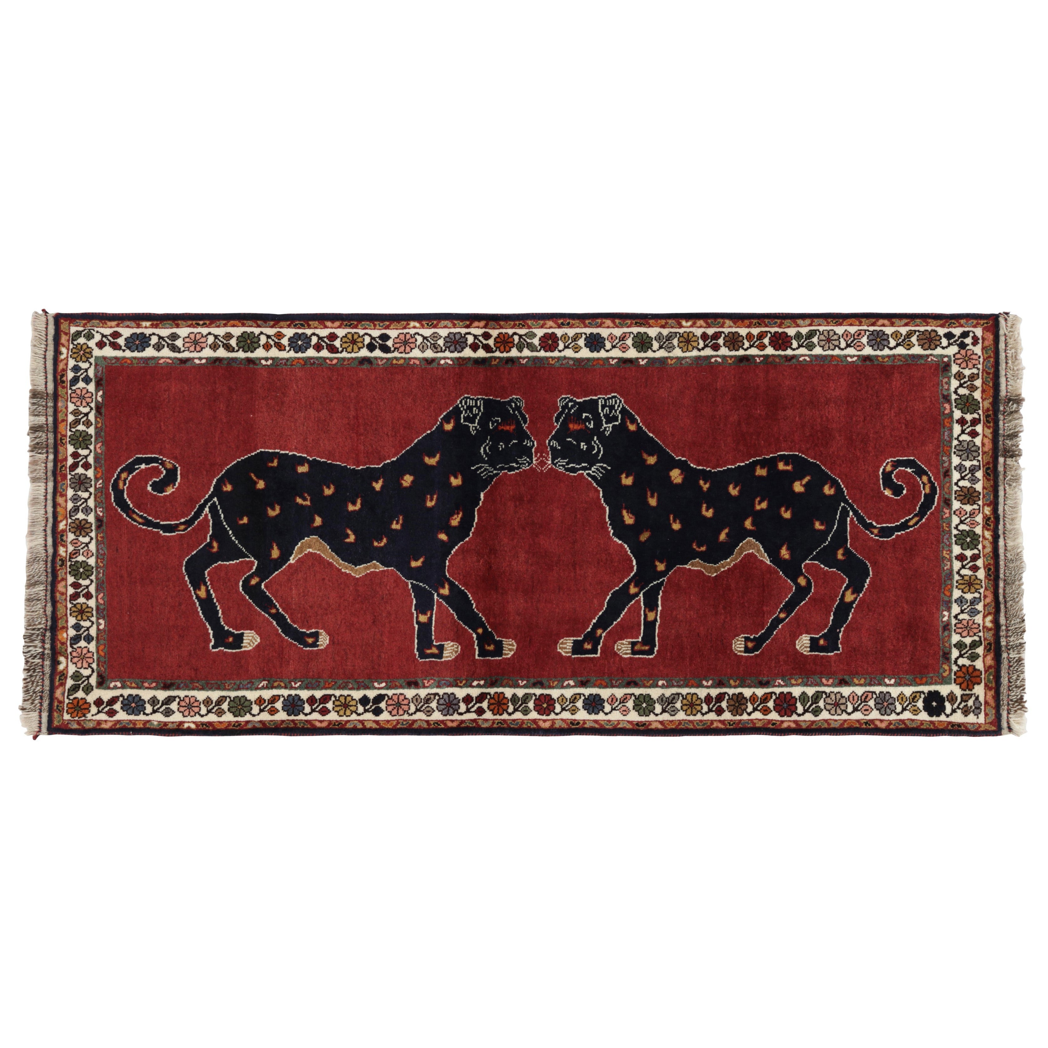 Vintage Gabbeh Persian Runner, Red with Twin Lion Pictorials - Rug & Kilim