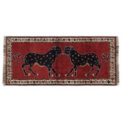 Vintage Gabbeh Persian Runner, Red with Twin Lion Pictorials - Rug & Kilim