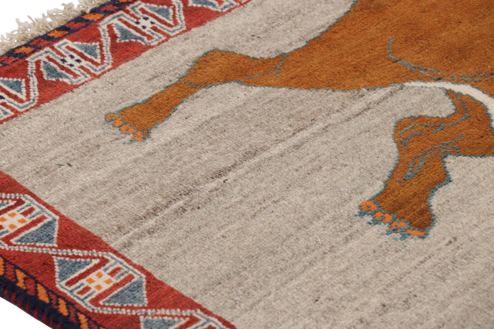 Tribal Vintage Gabbeh Persian Runner Rug in Gray with Lion Pictorials - Rug & Kilim For Sale