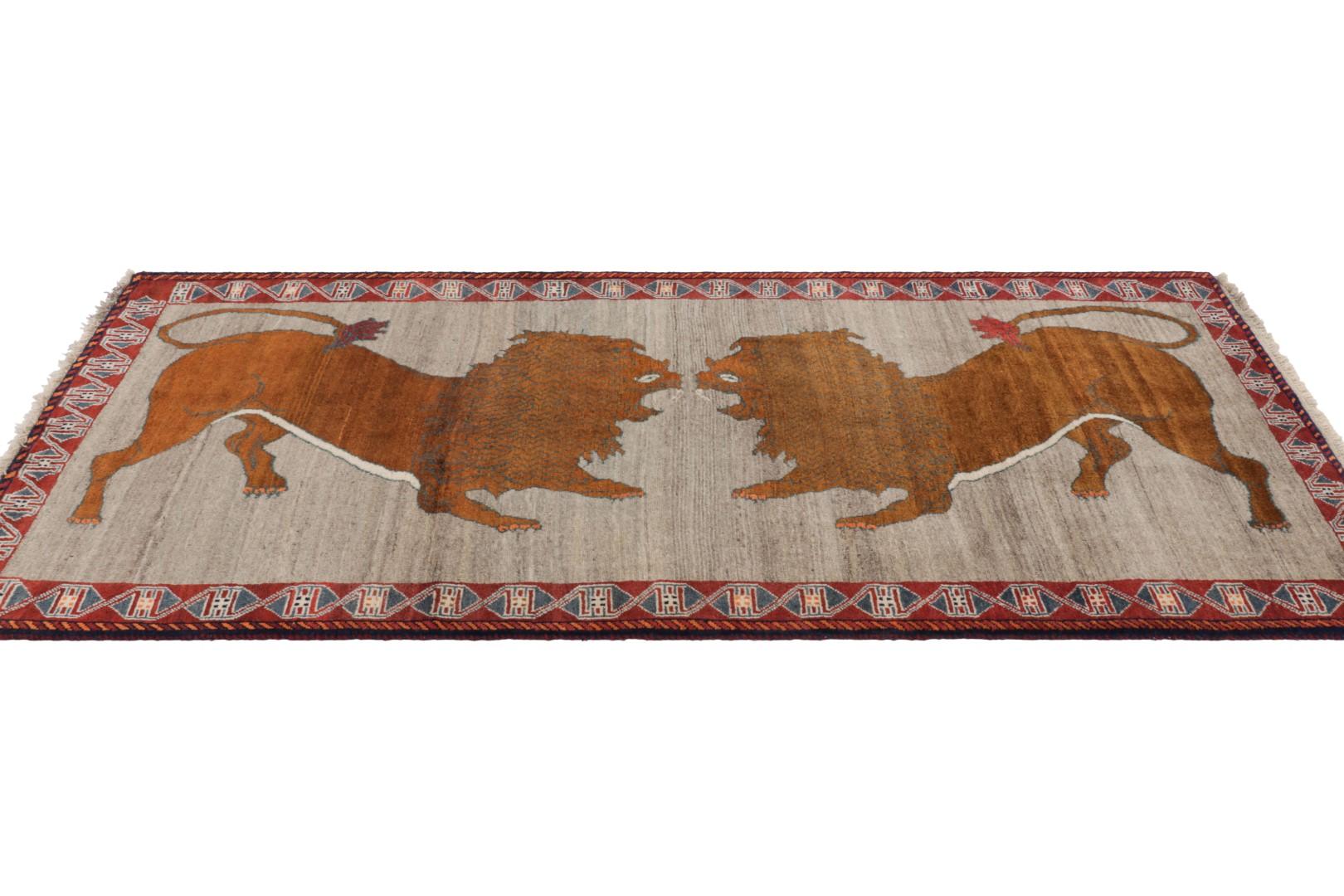 Hand-Knotted Vintage Gabbeh Persian Runner Rug in Gray with Lion Pictorials - Rug & Kilim For Sale