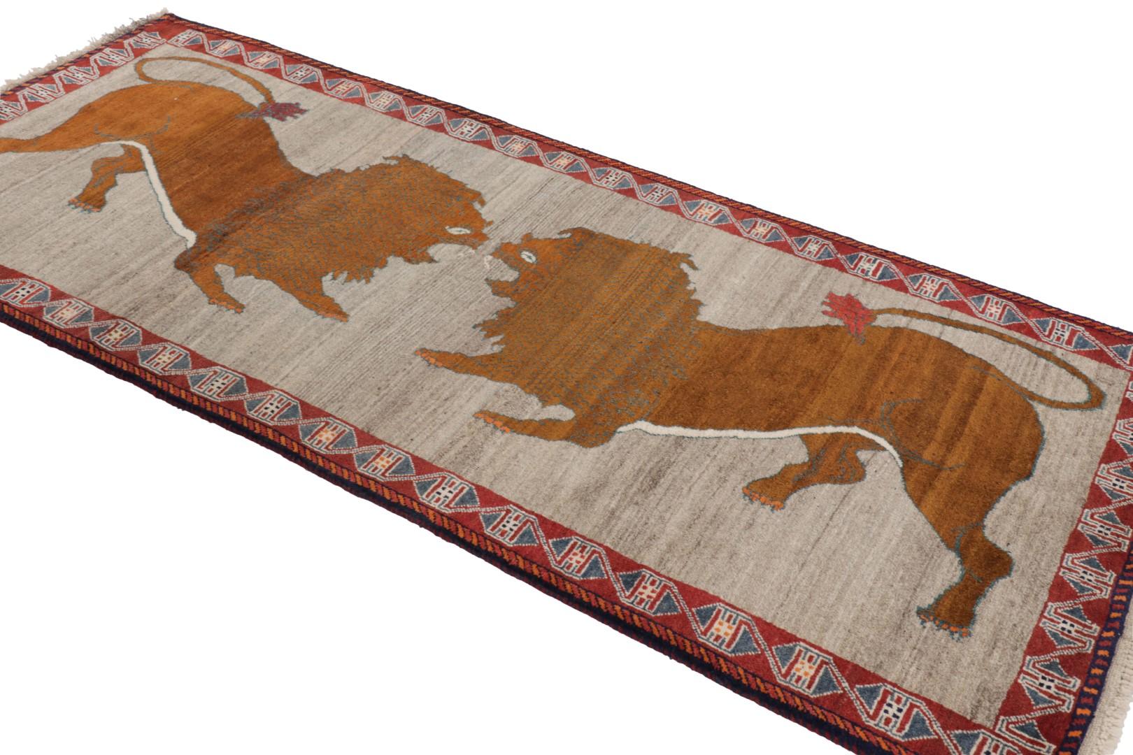 Vintage Gabbeh Persian Runner Rug in Gray with Lion Pictorials - Rug & Kilim In Good Condition For Sale In Long Island City, NY