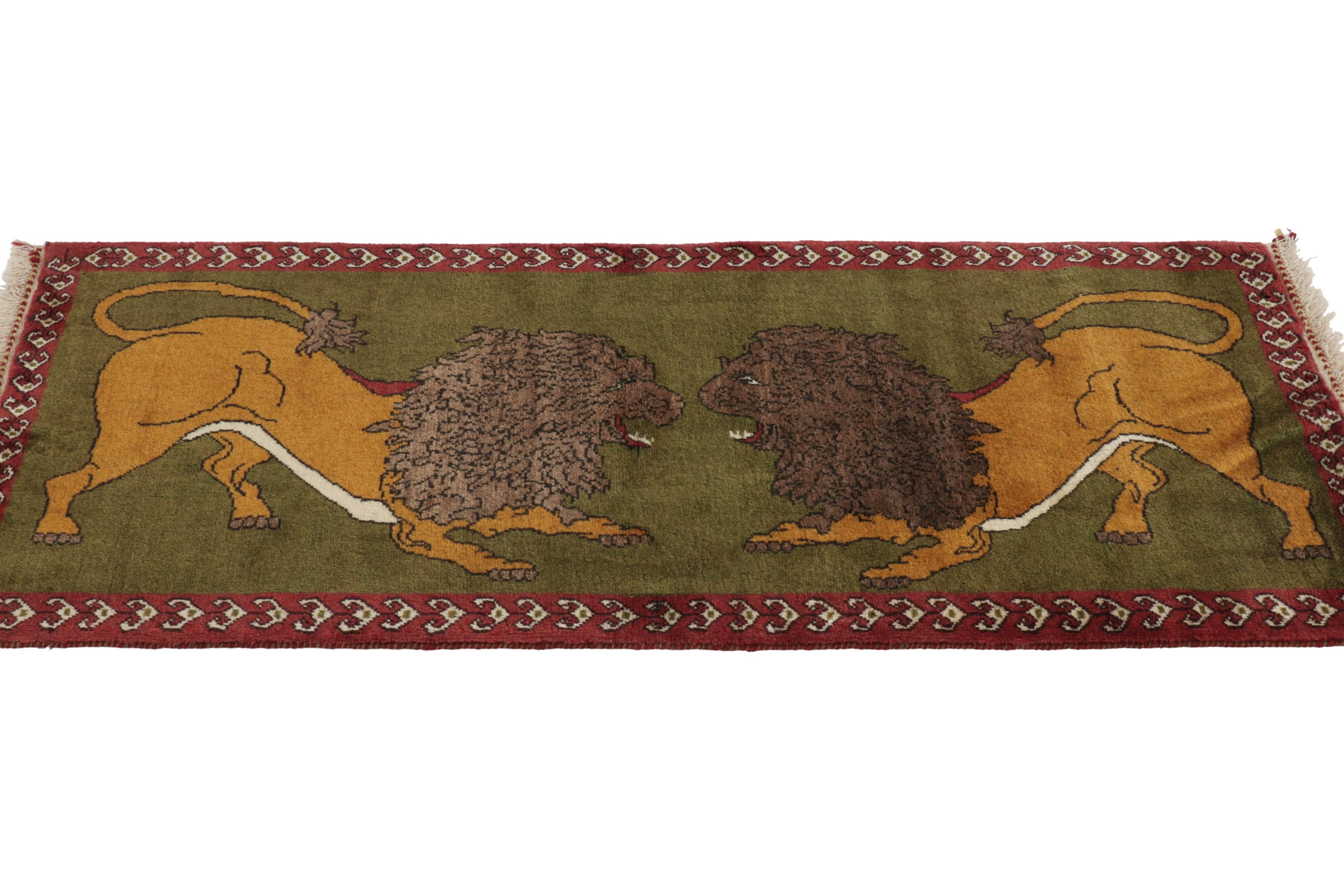 Hand-Knotted Vintage Gabbeh Persian Runner Rug in Green with Lion Pictorials - Rug & Kilim For Sale