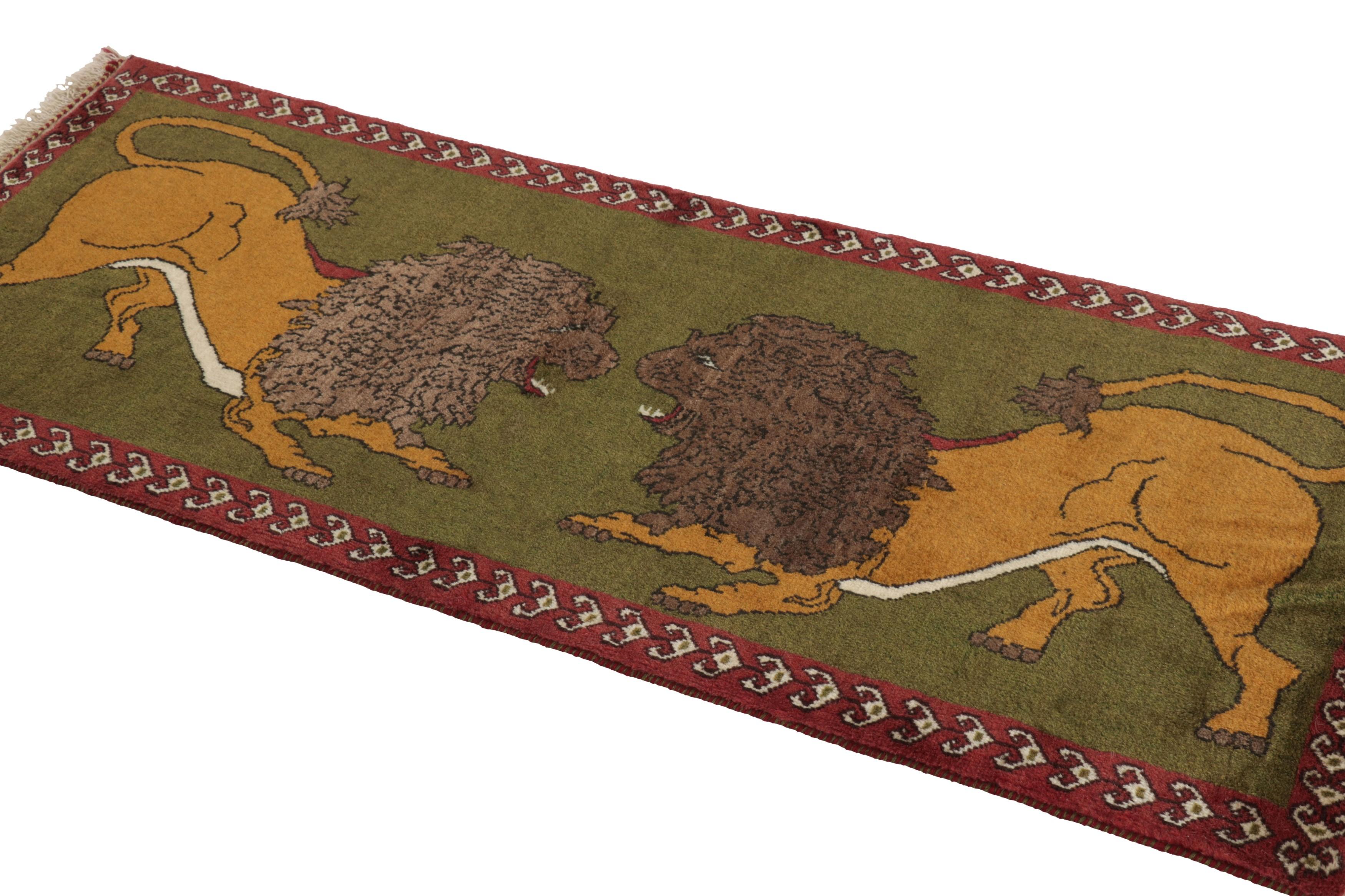 Vintage Gabbeh Persian Runner Rug in Green with Lion Pictorials - Rug & Kilim In Good Condition For Sale In Long Island City, NY