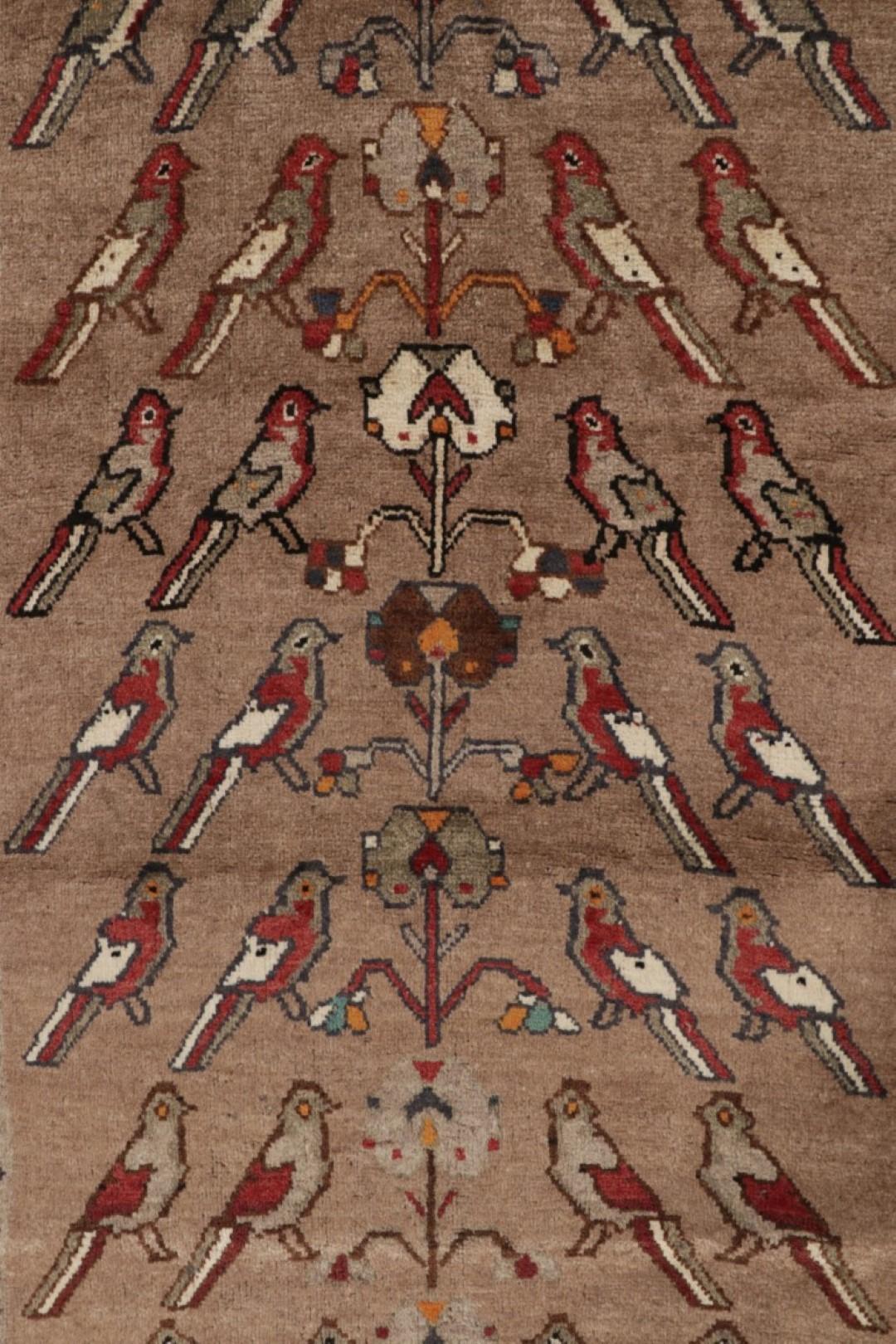 Alfombra persa vintage Gabbeh, topo y pájaros rojos - Rug & Kilim Tribal en venta
