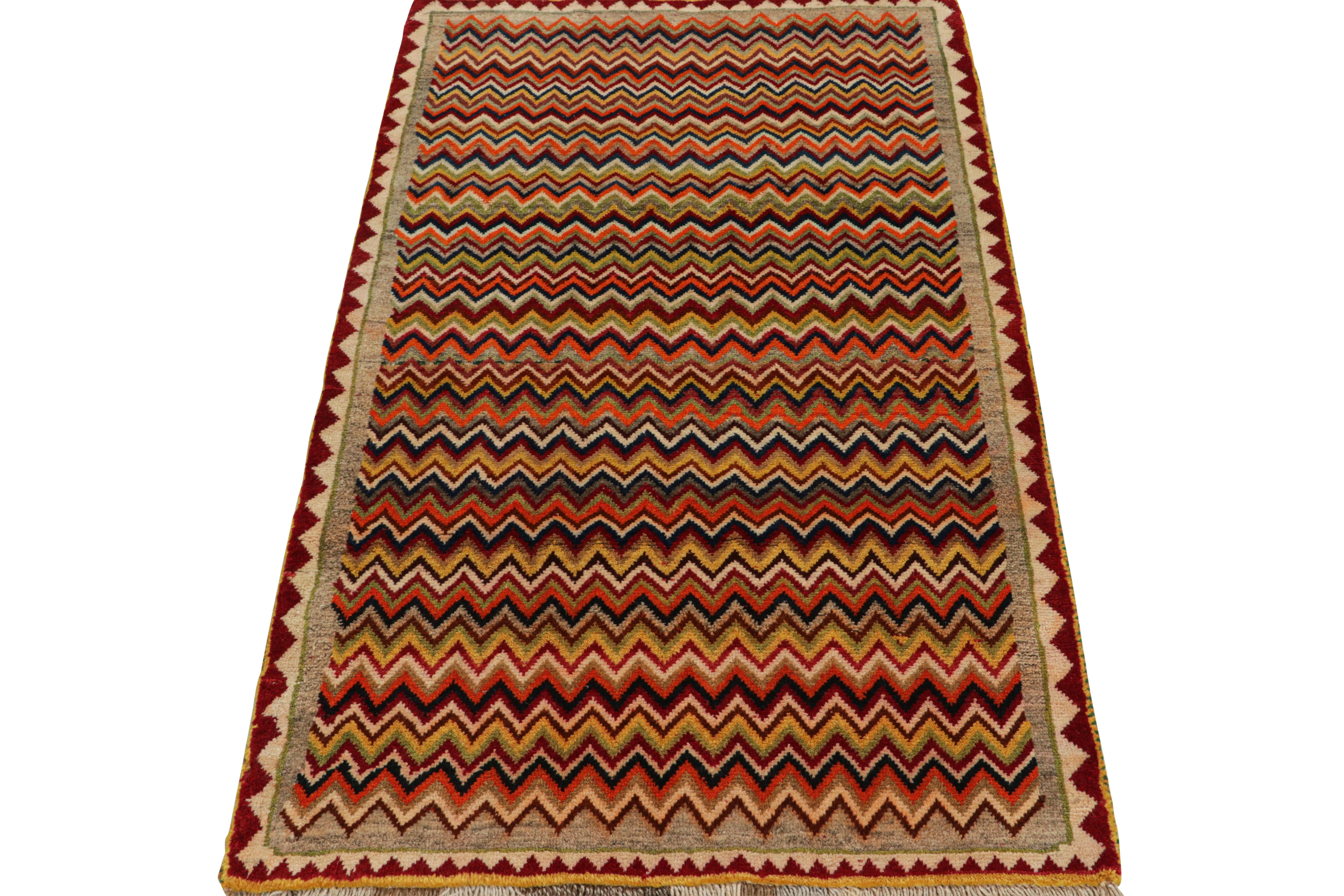 Hand-Knotted Vintage Gabbeh Persian Tribal Rug in Vibrant Chevron Patterns by Rug & Kilim For Sale