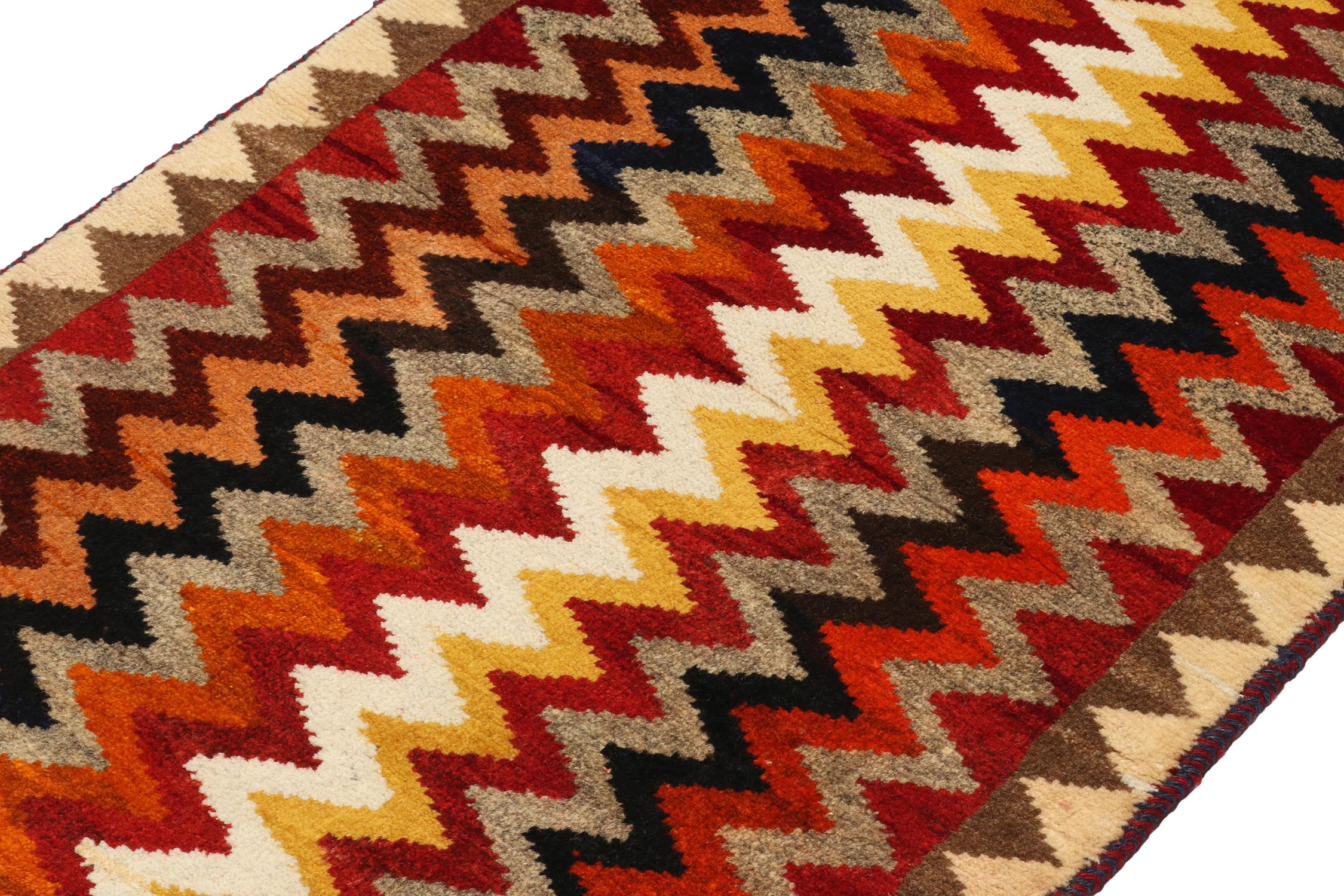 Hand-Knotted Vintage Gabbeh Persian Tribal Rug in Vibrant Chevron Patterns by Rug & Kilim For Sale