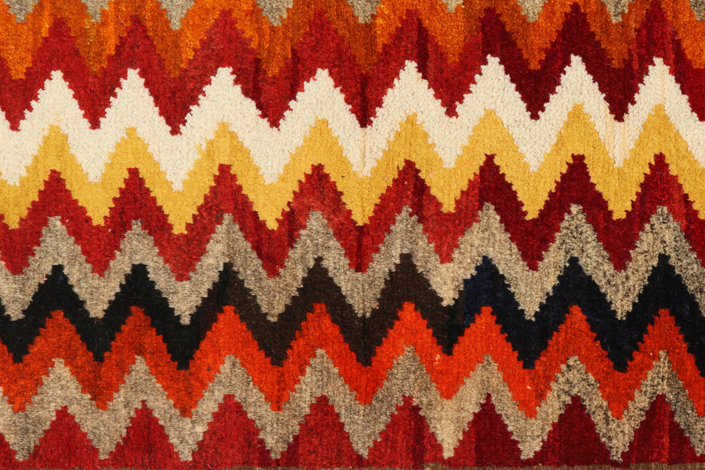 Mid-20th Century Vintage Gabbeh Persian Tribal Rug in Vibrant Chevron Patterns by Rug & Kilim For Sale