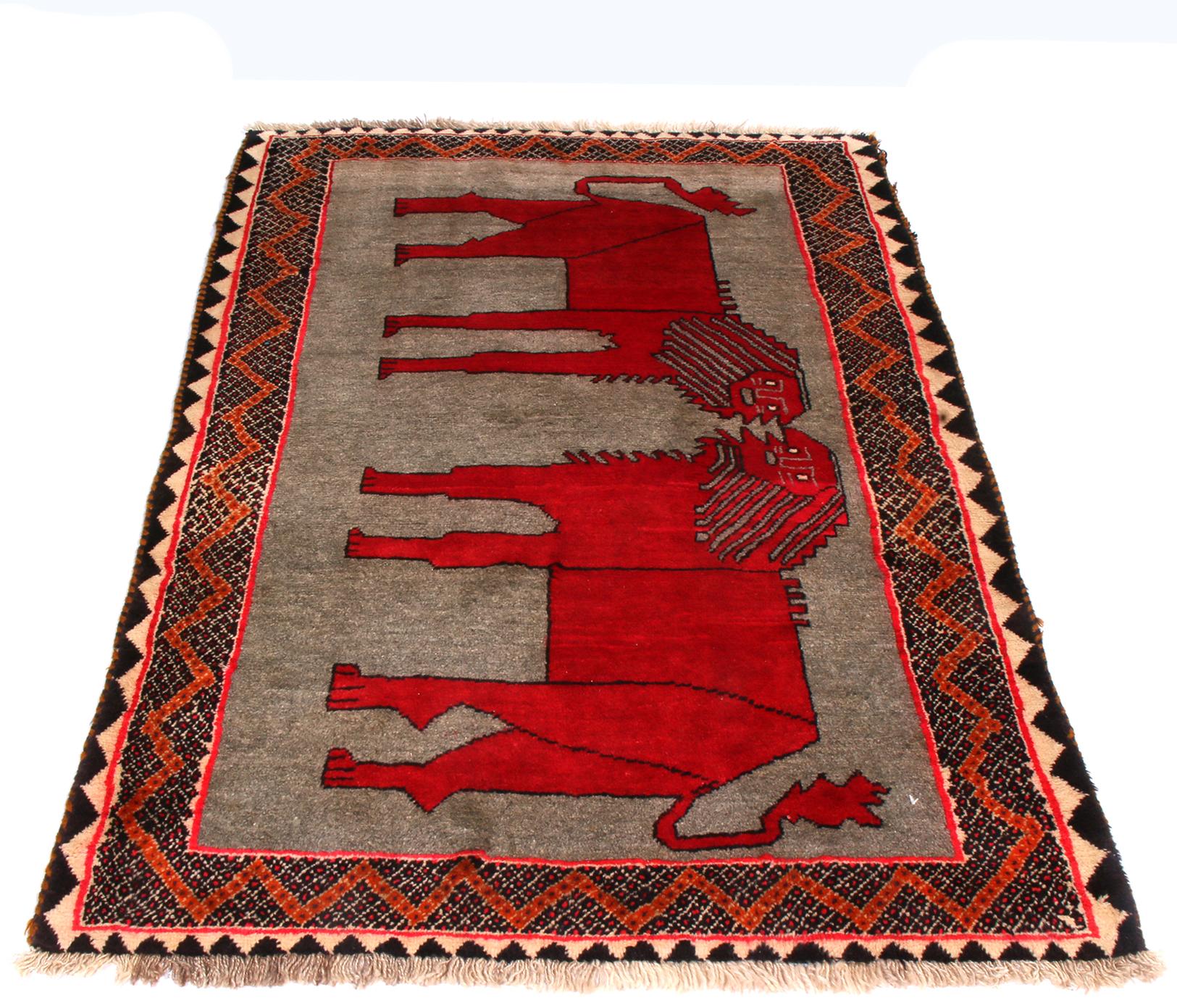 Hand-Knotted Vintage Gabbeh Red and Silver-Gray Wool Persian Rug with Geometric Pictorial Lio