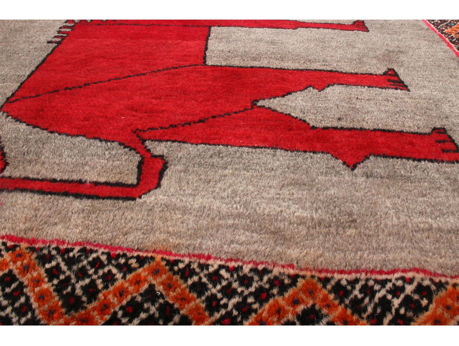 Vintage Gabbeh Red and Silver-Gray Wool Persian Rug with Geometric Pictorial Lio In Good Condition In Long Island City, NY