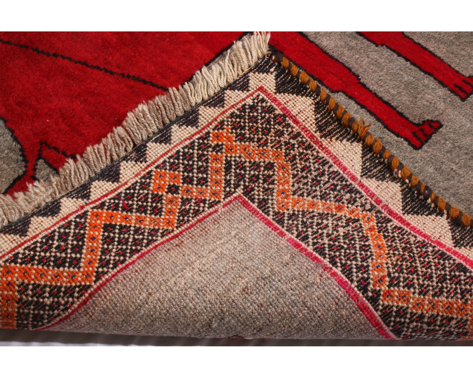 Mid-20th Century Vintage Gabbeh Red and Silver-Gray Wool Persian Rug with Geometric Pictorial Lio