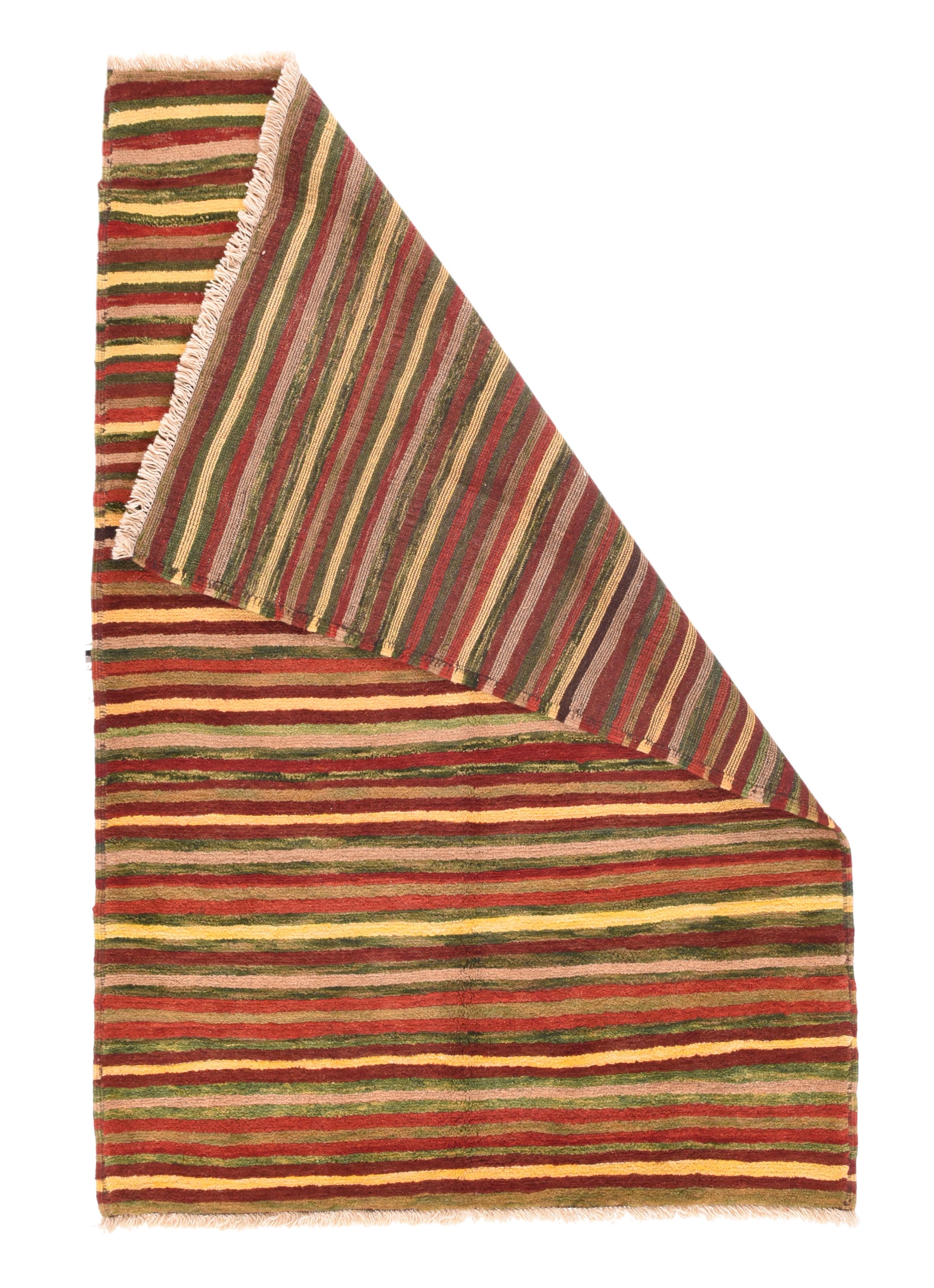 Vintage Gabbeh Rug 4'3'' x 6'5''. Probably created from piles of leftover yarns from more considered creations, this Qashghai nomadic scatter show wandering, wavering lines across the full width in yellow, various browns, light green, rust and red.