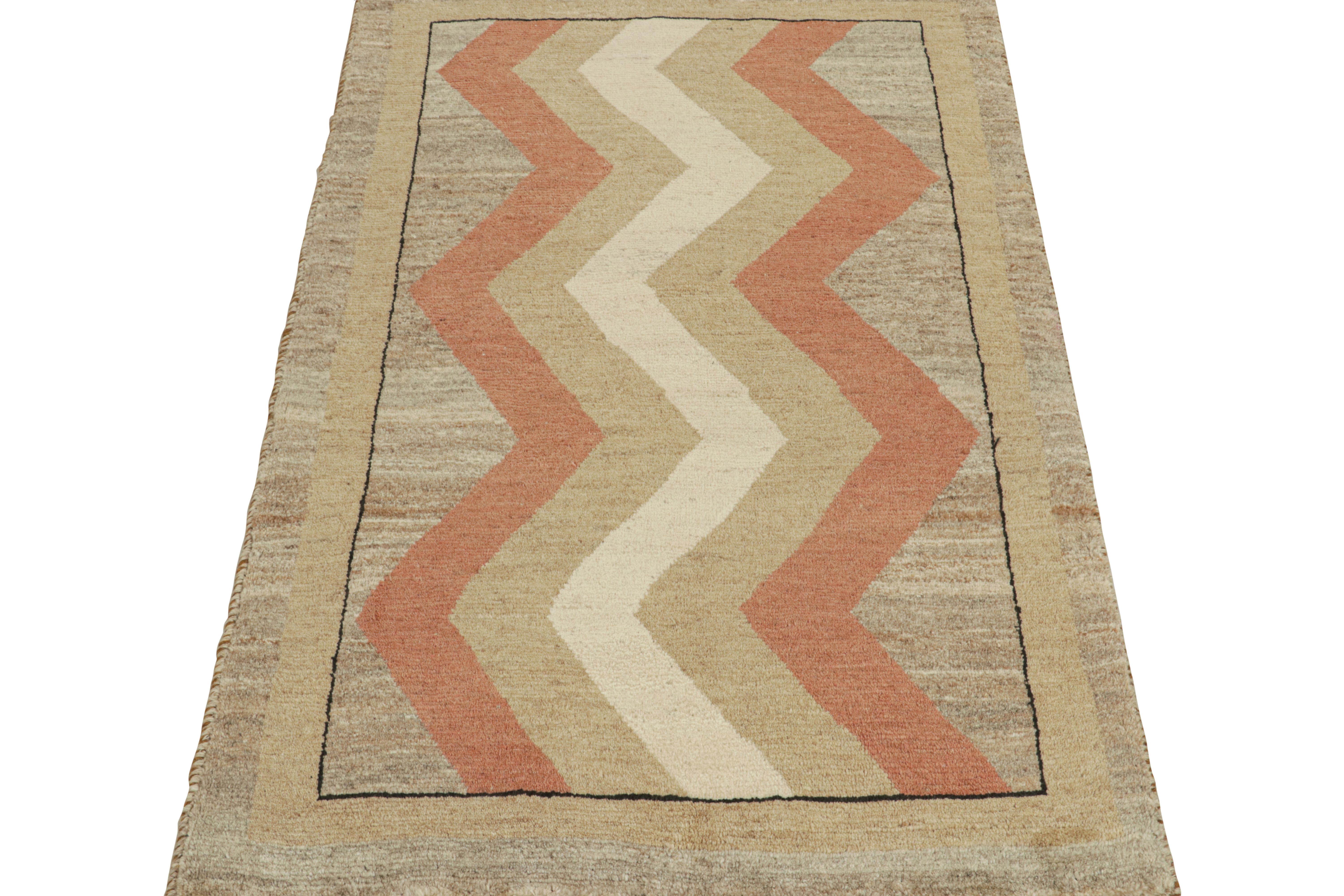 Tribal Vintage Gabbeh Rug in Beige-Brown and Red Chevron Patterns by Rug & Kilim For Sale