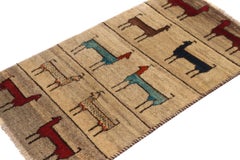 Vintage Gabbeh Rug in Beige-Brown, Blue Pictorial Animal Motifs by Rug & Kilim