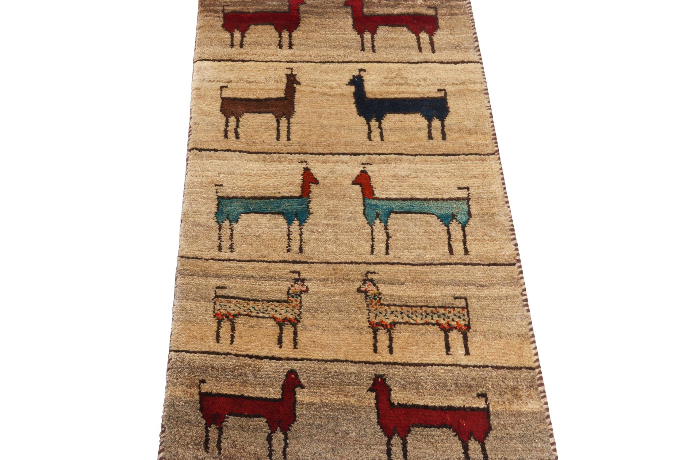 Tribal Vintage Gabbeh Rug in Beige-Brown, Blue Pictorial Animal Motifs by Rug & Kilim For Sale