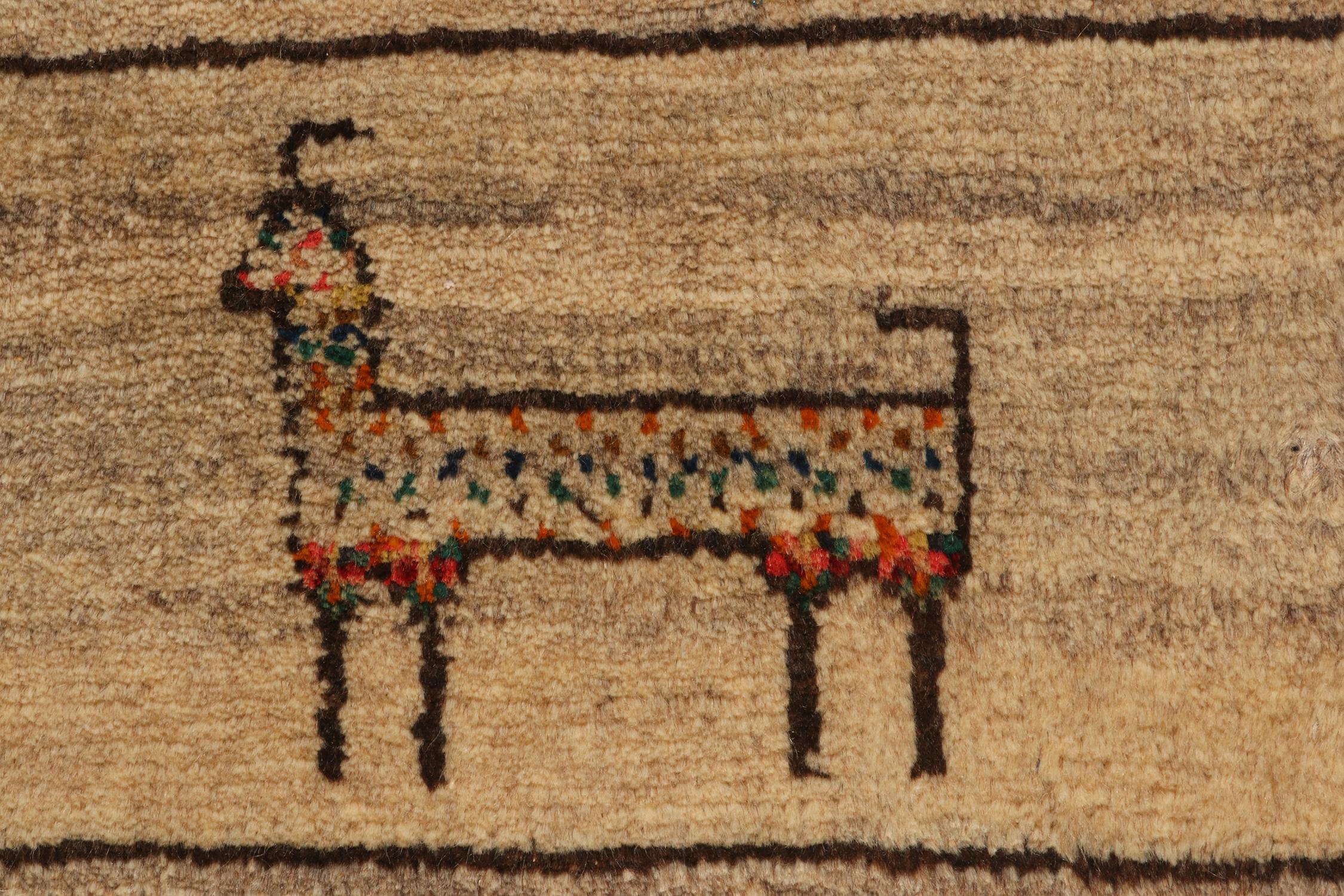 Vintage Gabbeh Rug in Beige-Brown, Blue Pictorial Animal Motifs by Rug & Kilim In Good Condition For Sale In Long Island City, NY
