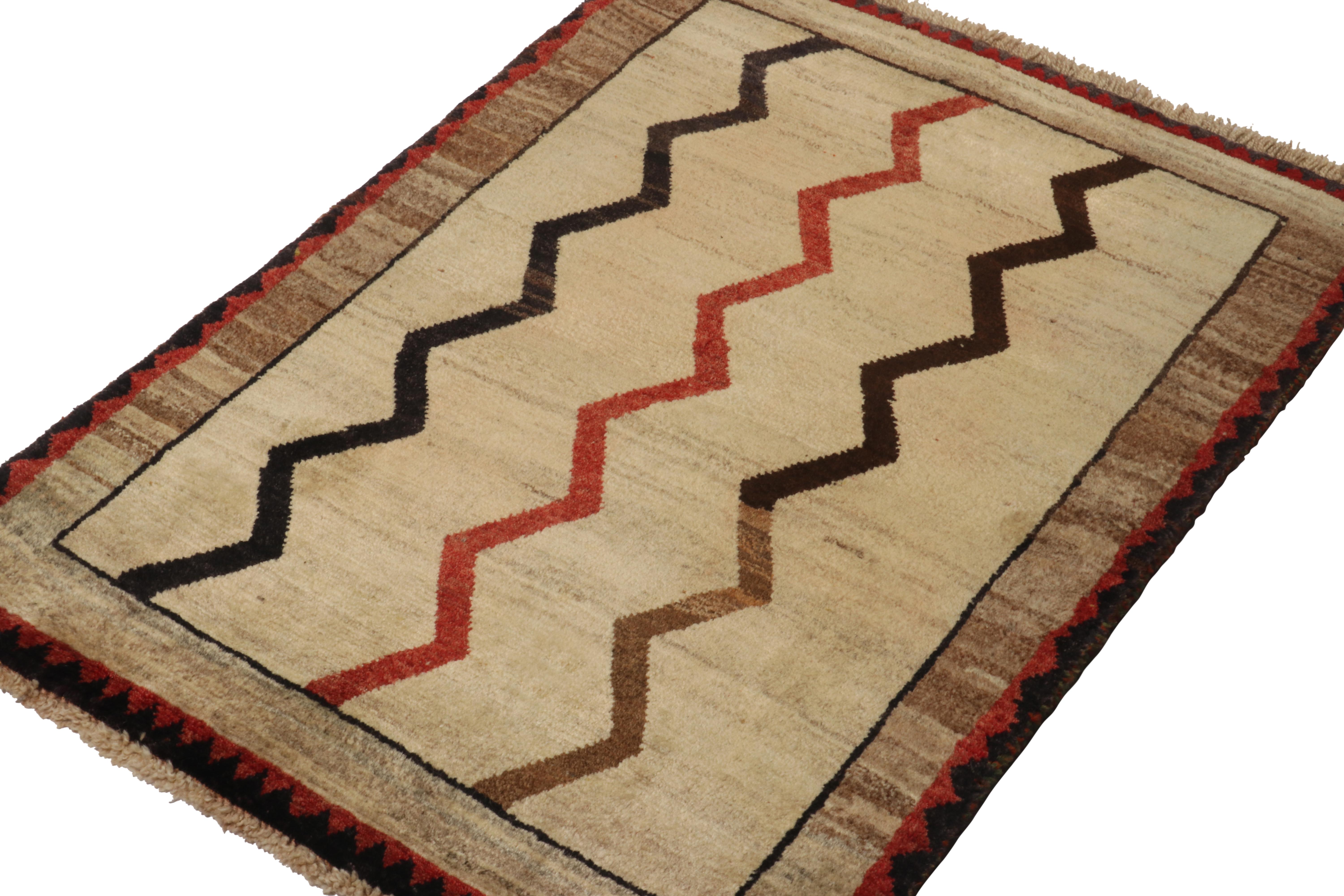 Tribal Vintage Gabbeh Rug in Beige-Brown, Red and Black Chevron Pattern by Rug & Kilim For Sale