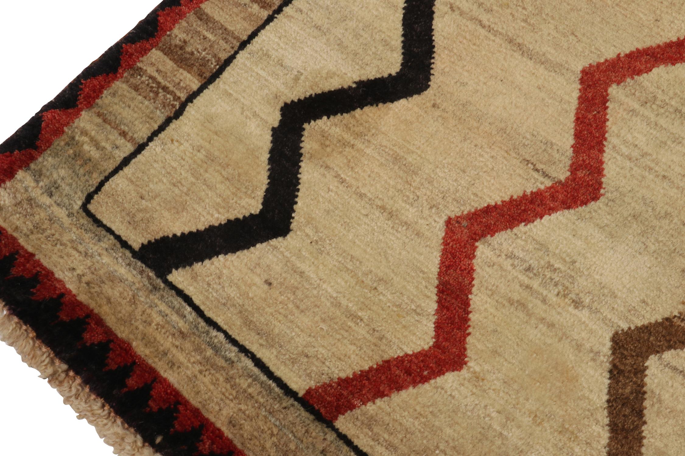 Hand-Knotted Vintage Gabbeh Rug in Beige-Brown, Red and Black Chevron Pattern by Rug & Kilim For Sale