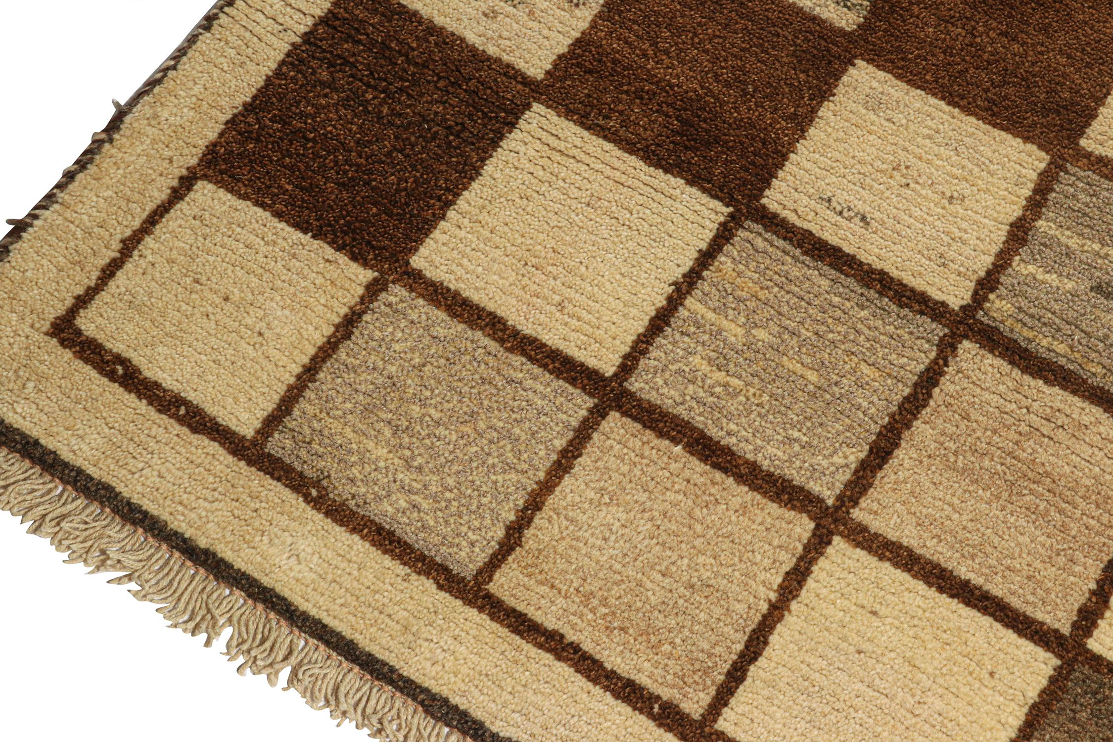 Hand-Knotted Vintage Gabbeh Rug in Beige, Brown&Gray Square Geometric Pattern by Rug & Kilim For Sale