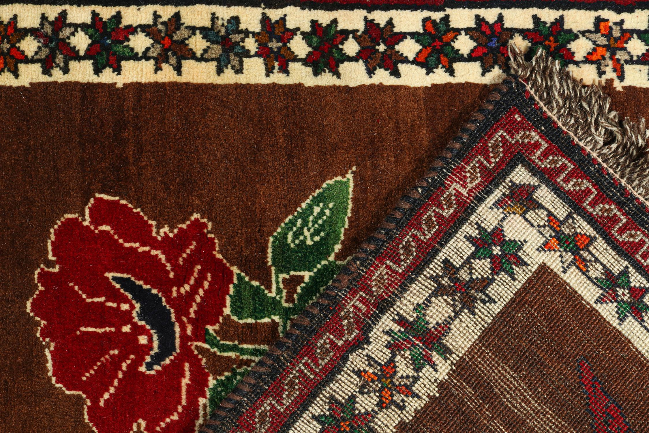Wool Vintage Gabbeh Rug in Brown, Red, Green Tribal Pictorial Pattern by Rug & Kilim For Sale