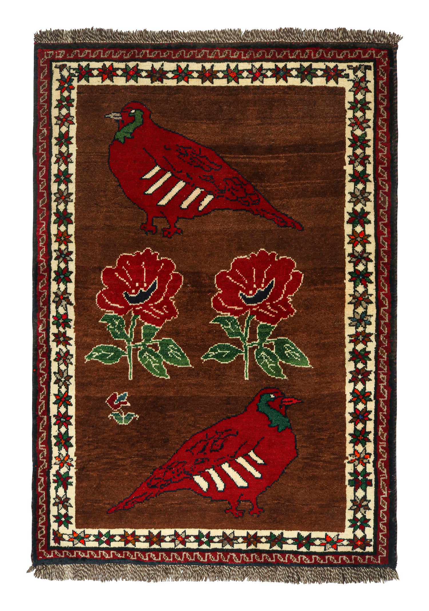 Gabbeh Vintage Vintage-Teppich mit braunem, rotem und grünem Stammesbildmuster von Teppich & Kelim im Angebot