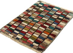Vintage Gabbeh rug in White, Blue, Green, Red Tribal Geometric Pattern