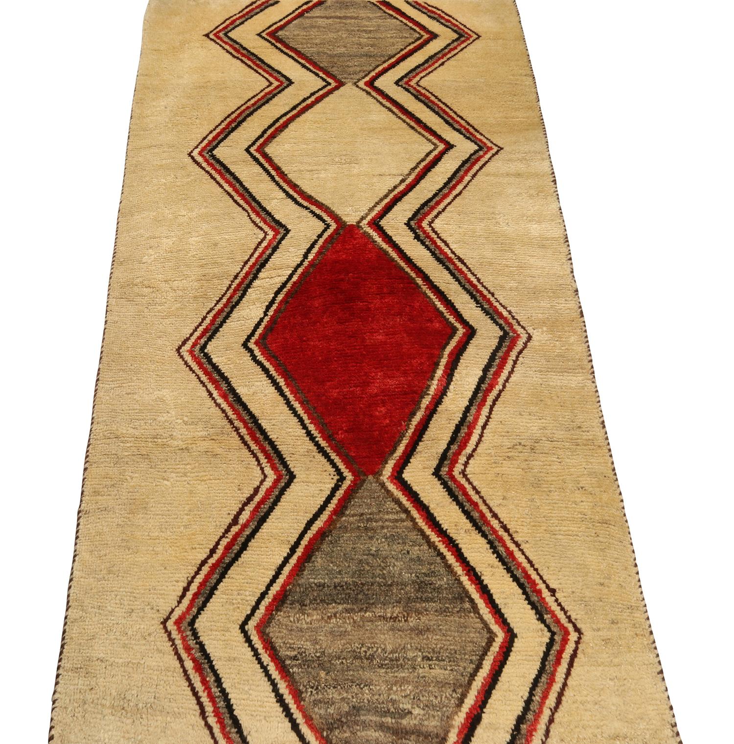 Tribal Vintage Gabbeh runner in Beige with Grey & Red Chevron Pattern by Rug & Kilim For Sale