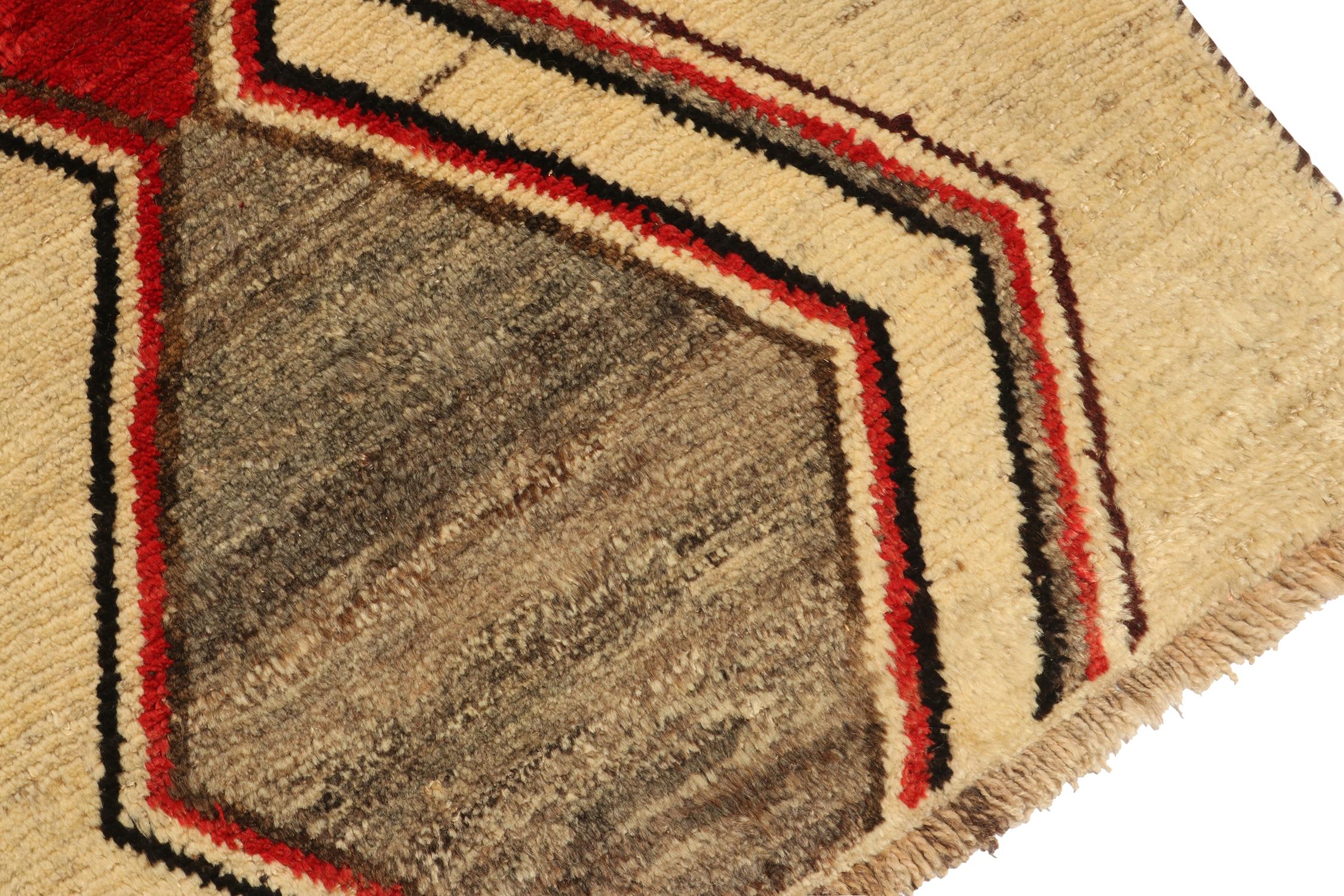 Hand-Knotted Vintage Gabbeh runner in Beige with Grey & Red Chevron Pattern by Rug & Kilim For Sale