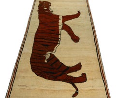 Vintage Gabbeh Runner in Beige with Orange-Brown Tiger Pictorial