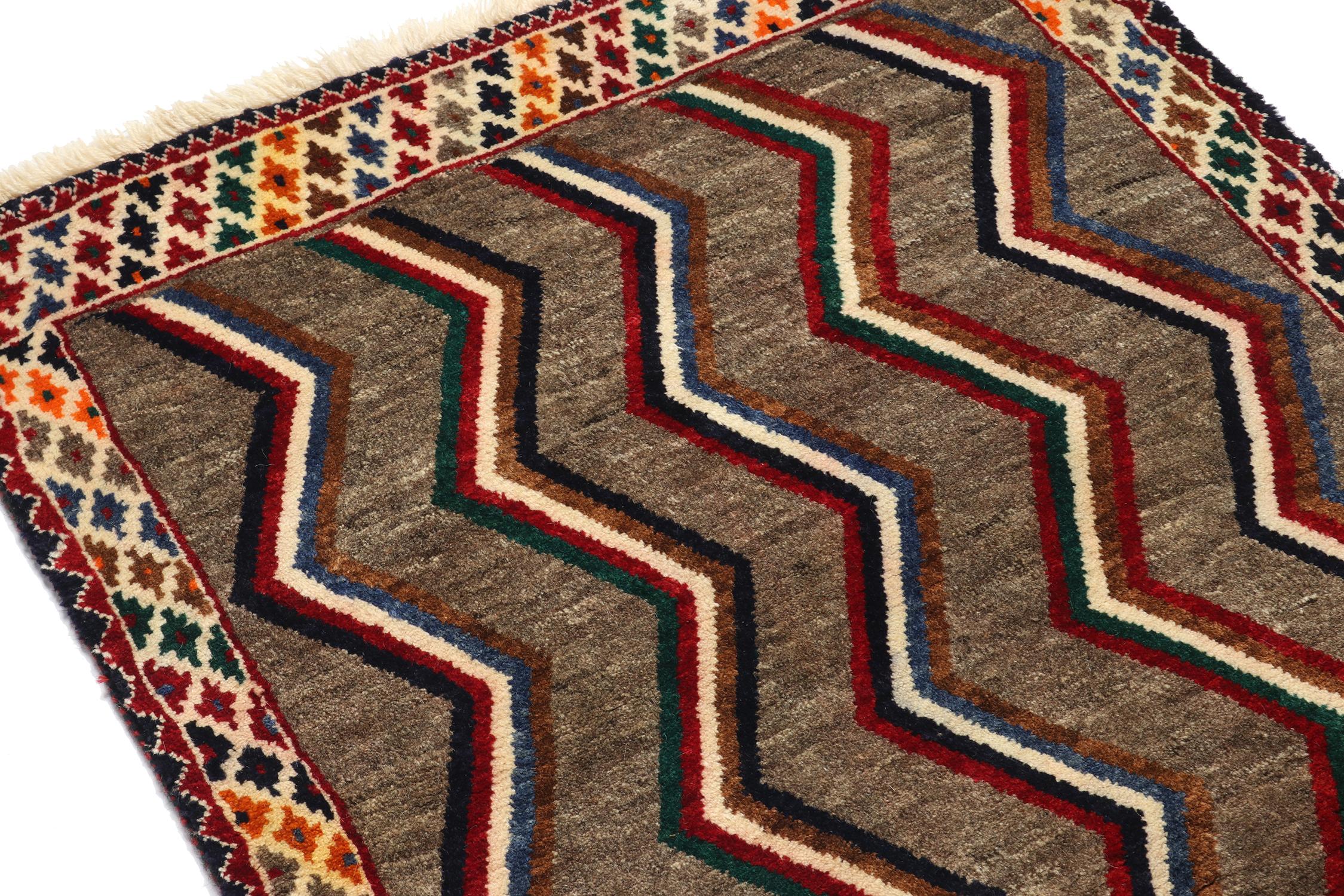 Turkish Vintage Gabbeh Runner in Brown with Vibrant Chevron Pattern by Rug & Kilim For Sale