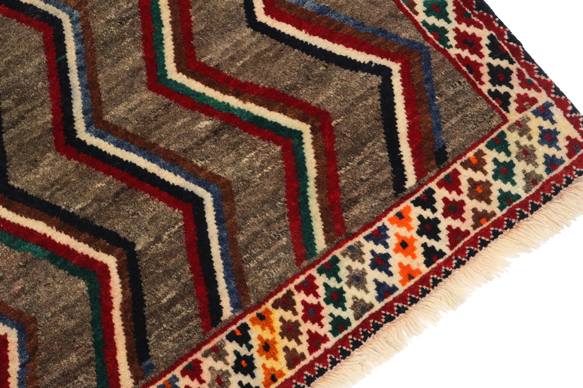 Hand-Knotted Vintage Gabbeh Runner in Brown with Vibrant Chevron Pattern by Rug & Kilim For Sale