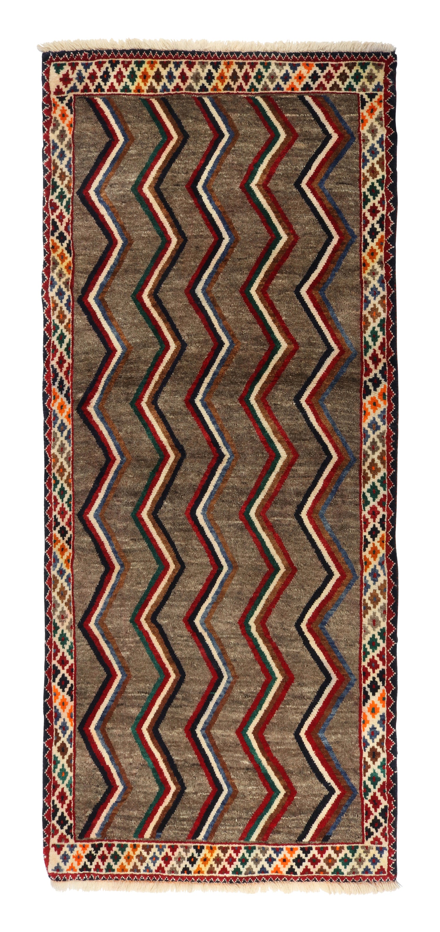 Vintage Gabbeh Runner in Brown with Vibrant Chevron Pattern by Rug & Kilim For Sale