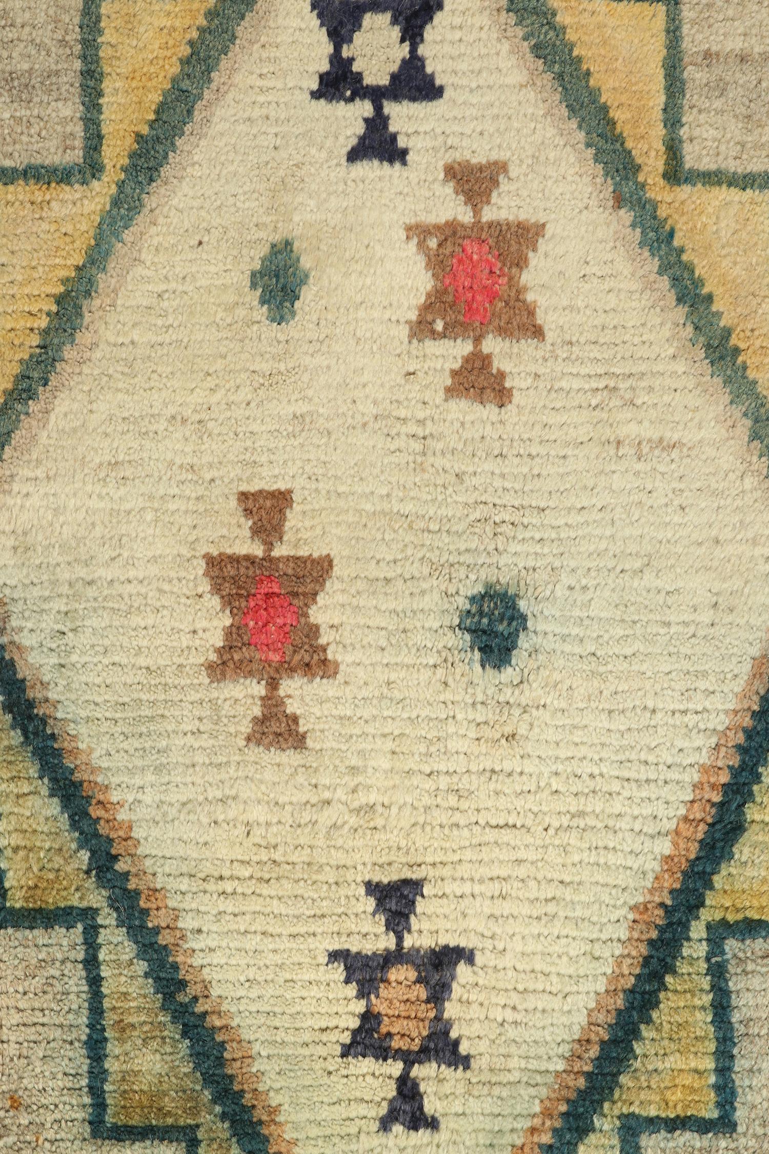 Vintage Gabbeh Runner in Gold & Green Lozenge Medallion Pattern by Rug & Kilim In Good Condition For Sale In Long Island City, NY