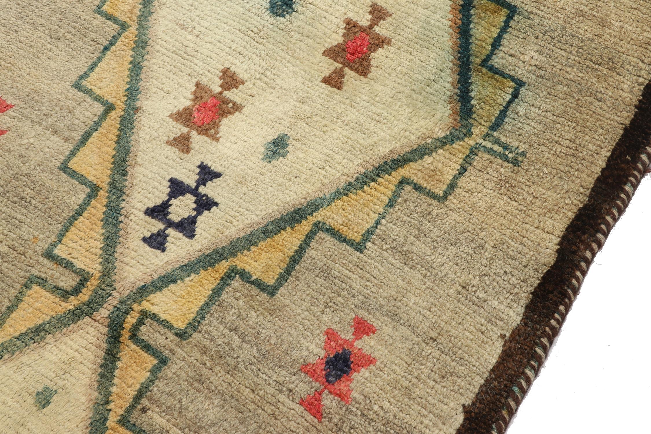 Hand-Knotted Vintage Gabbeh Runner in Gold & Green Lozenge Medallion Pattern by Rug & Kilim For Sale