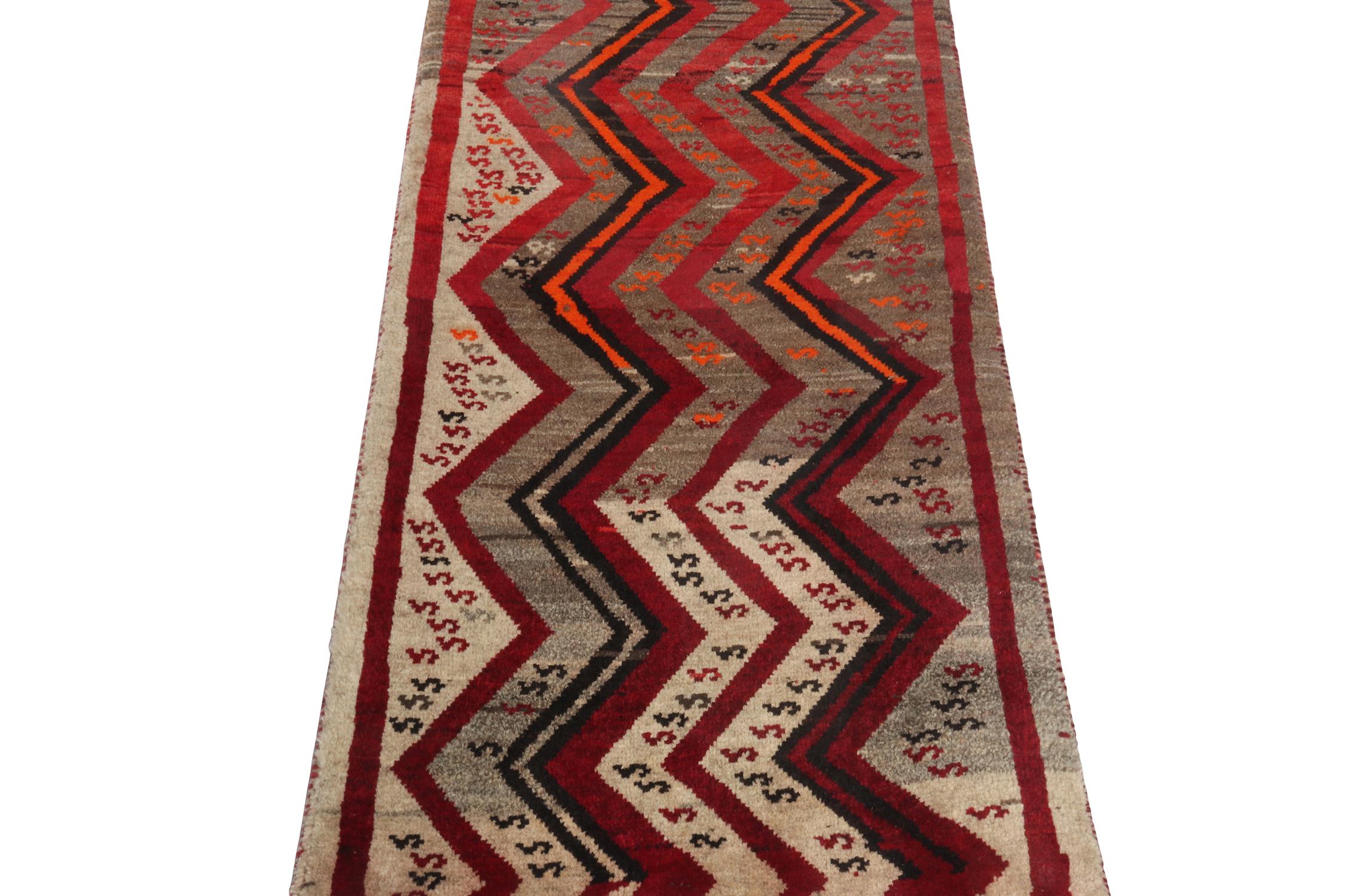 Turkish Vintage Gabbeh Runner in Red Beige, Red, Grey Tribal Pattern by Rug & Kilim For Sale