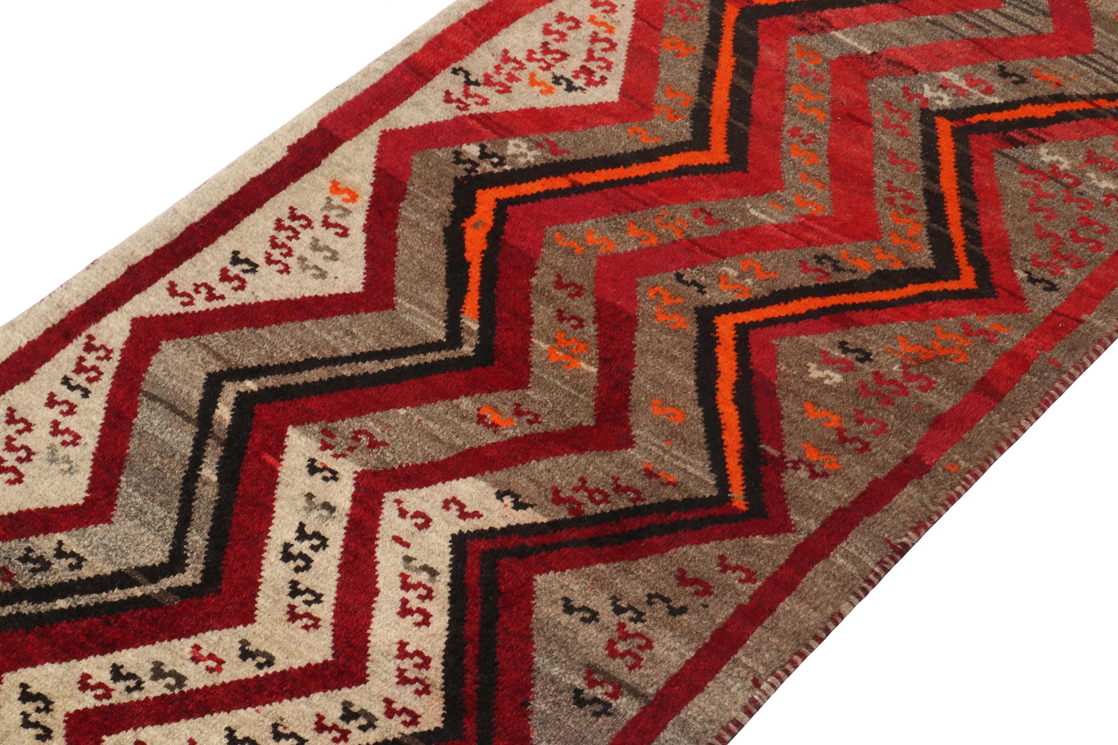 Hand-Knotted Vintage Gabbeh Runner in Red Beige, Red, Grey Tribal Pattern by Rug & Kilim For Sale