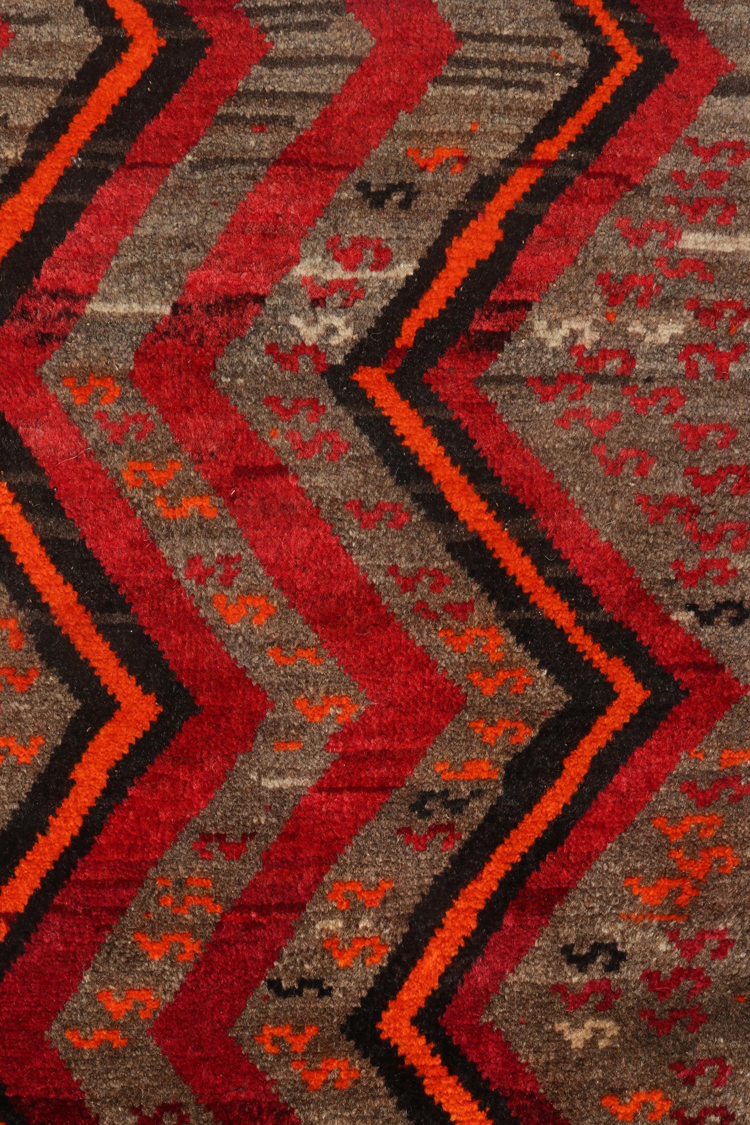 Mid-20th Century Vintage Gabbeh Runner in Red Beige, Red, Grey Tribal Pattern by Rug & Kilim For Sale
