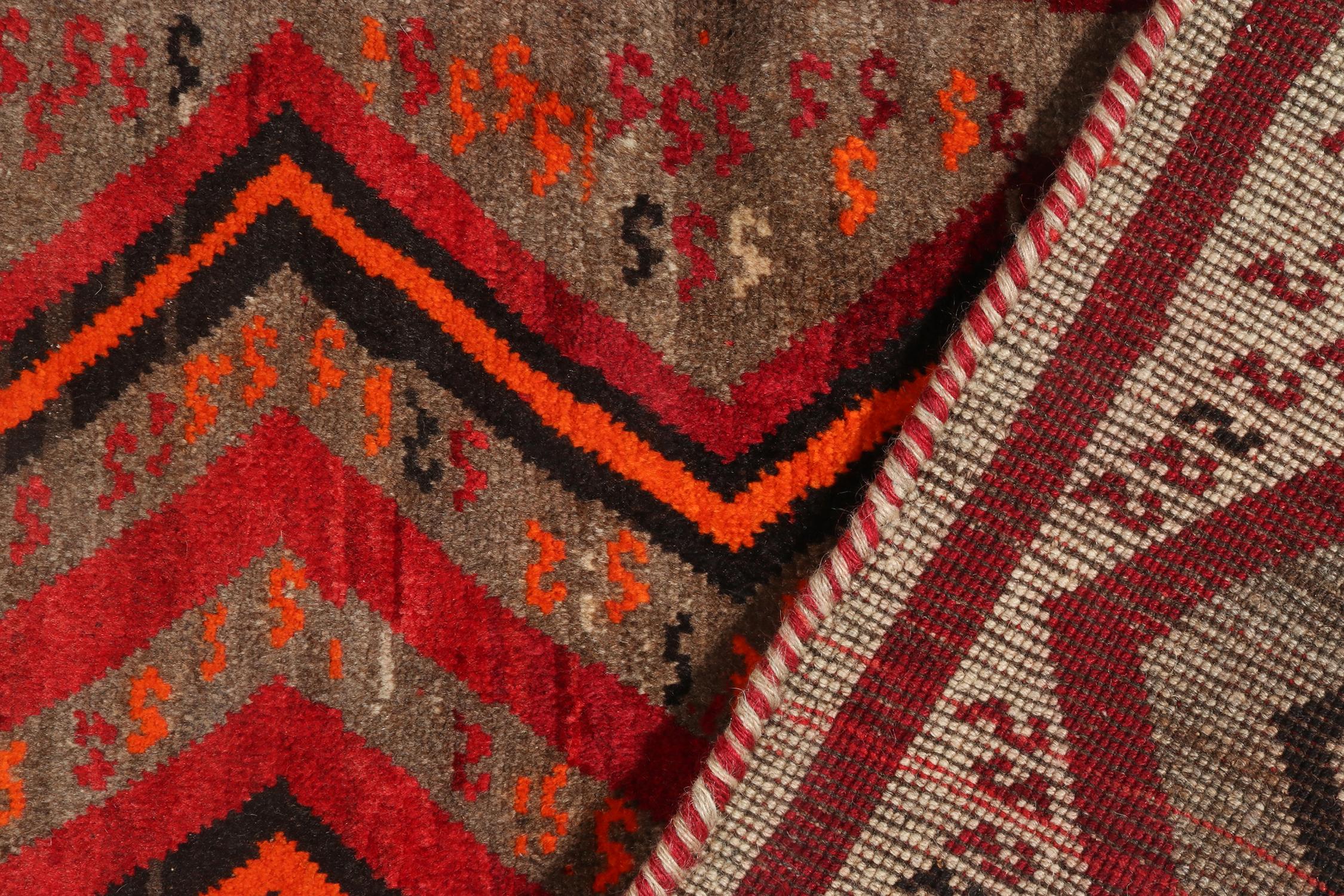 Wool Vintage Gabbeh Runner in Red Beige, Red, Grey Tribal Pattern by Rug & Kilim For Sale
