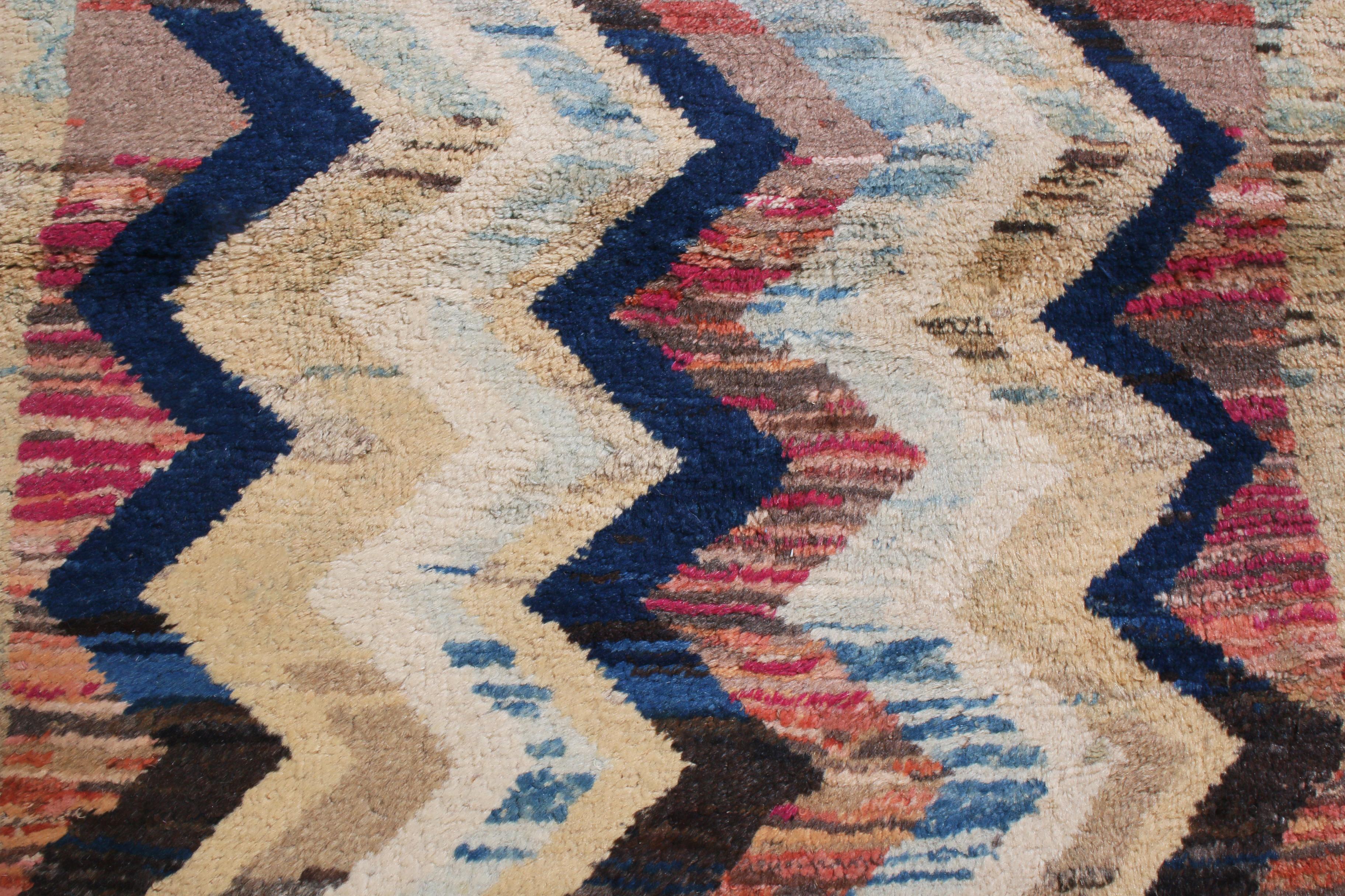 Hand-Knotted Vintage Gabbeh Transitional Tan and Red Chevron Wool Persian Rug