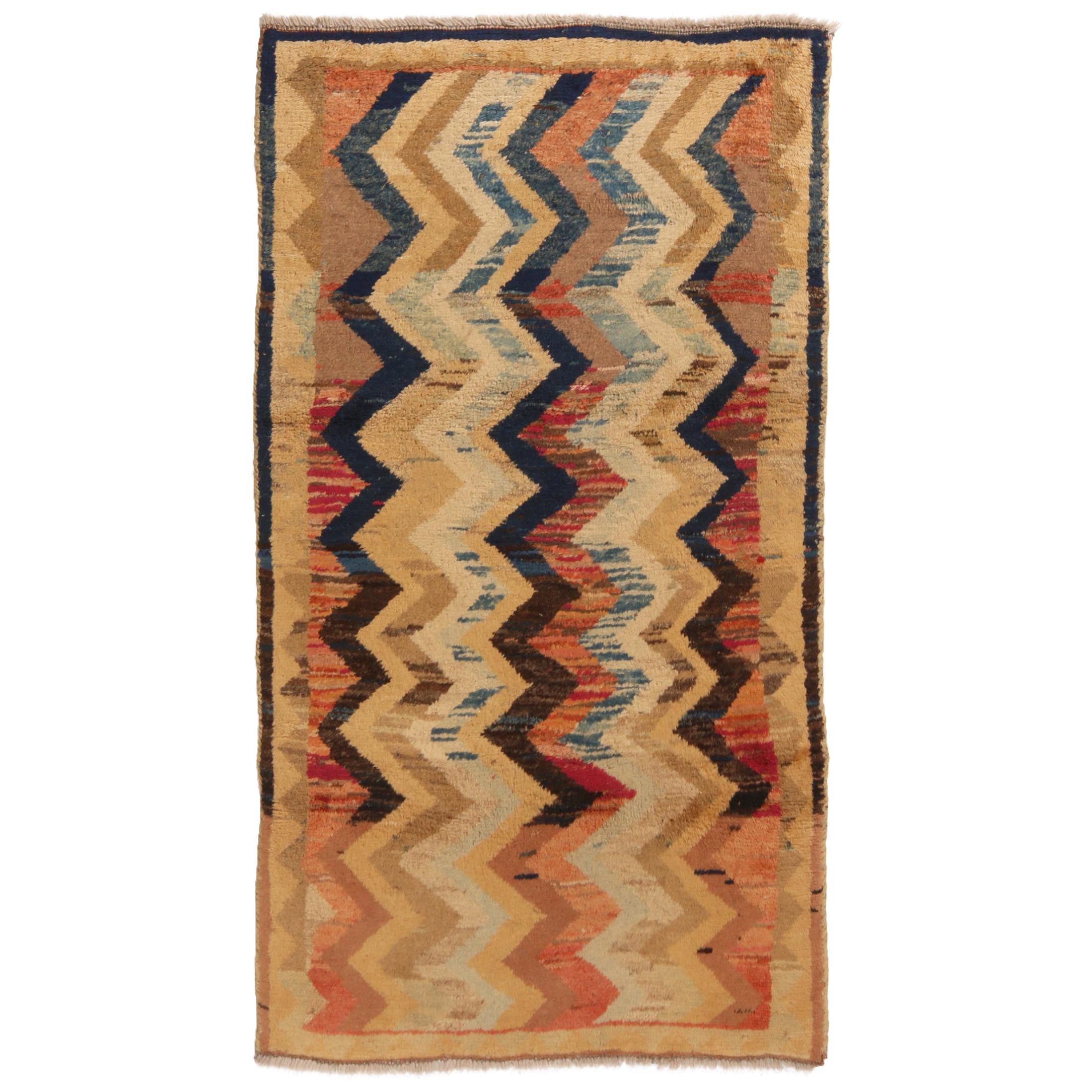 Vintage Gabbeh Transitional Tan and Red Chevron Wool Persian Rug