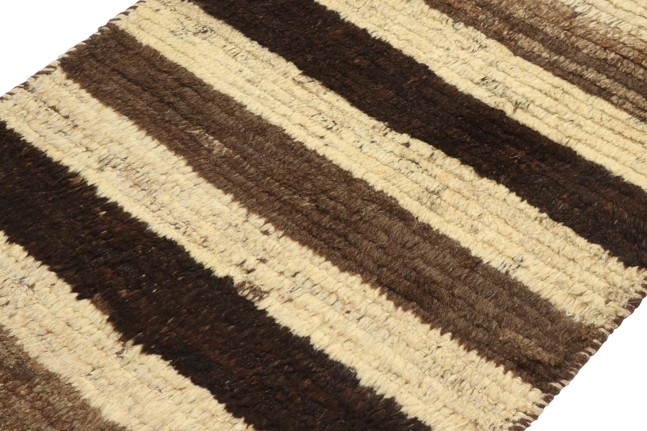 Hand-Knotted Vintage Gabbeh Tribal Rug in Beige and Brown Stripes by Rug & Kilim For Sale