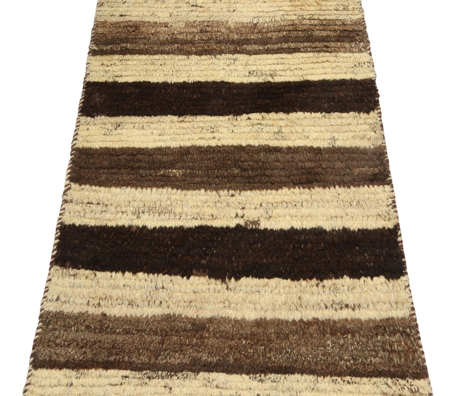 Turkish Vintage Gabbeh Tribal Rug in Beige and Brown Stripes by Rug & Kilim For Sale