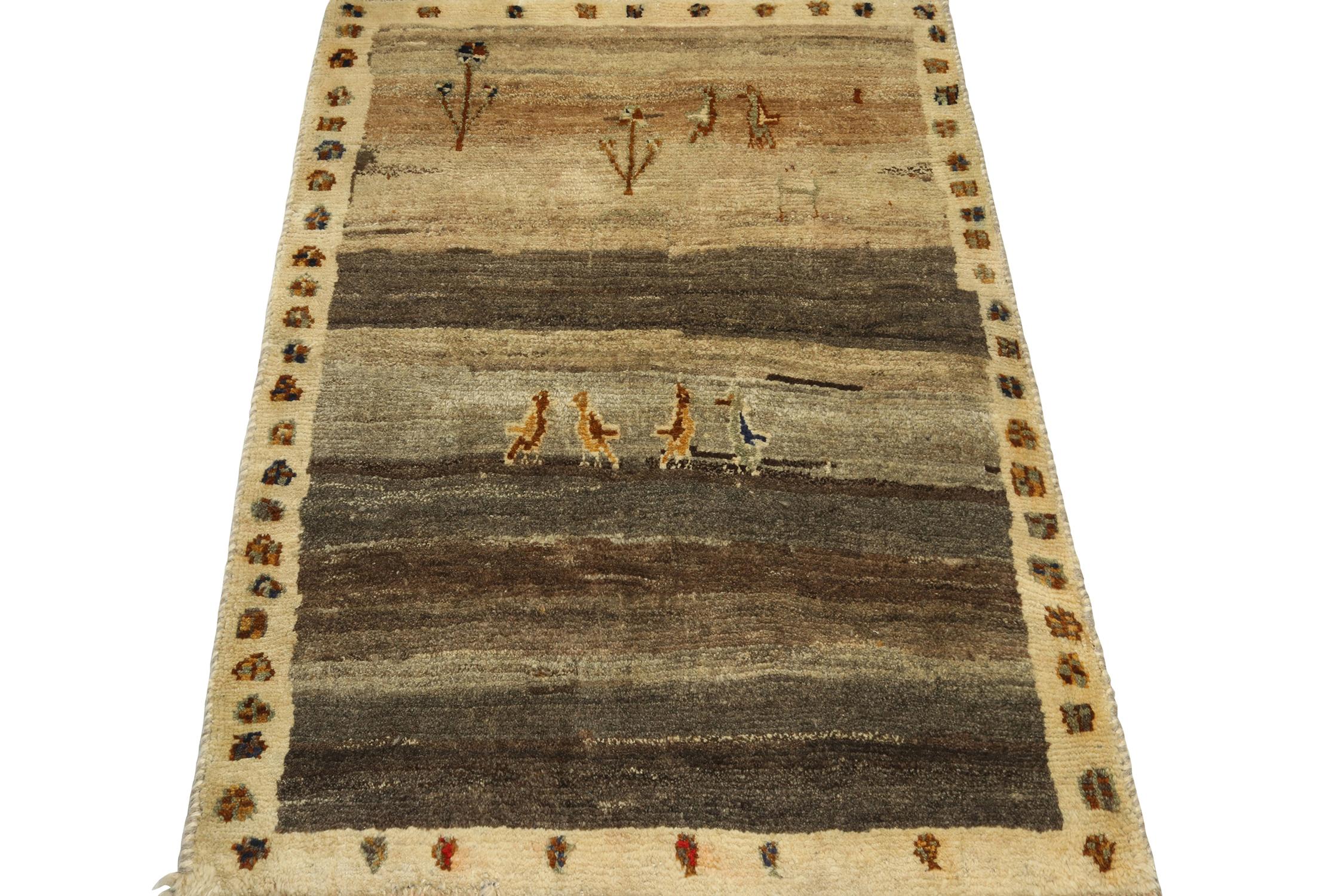 Hand-Knotted Vintage Gabbeh Tribal Rug in Beige-Brown and Gold Motifs by Rug & Kilim For Sale