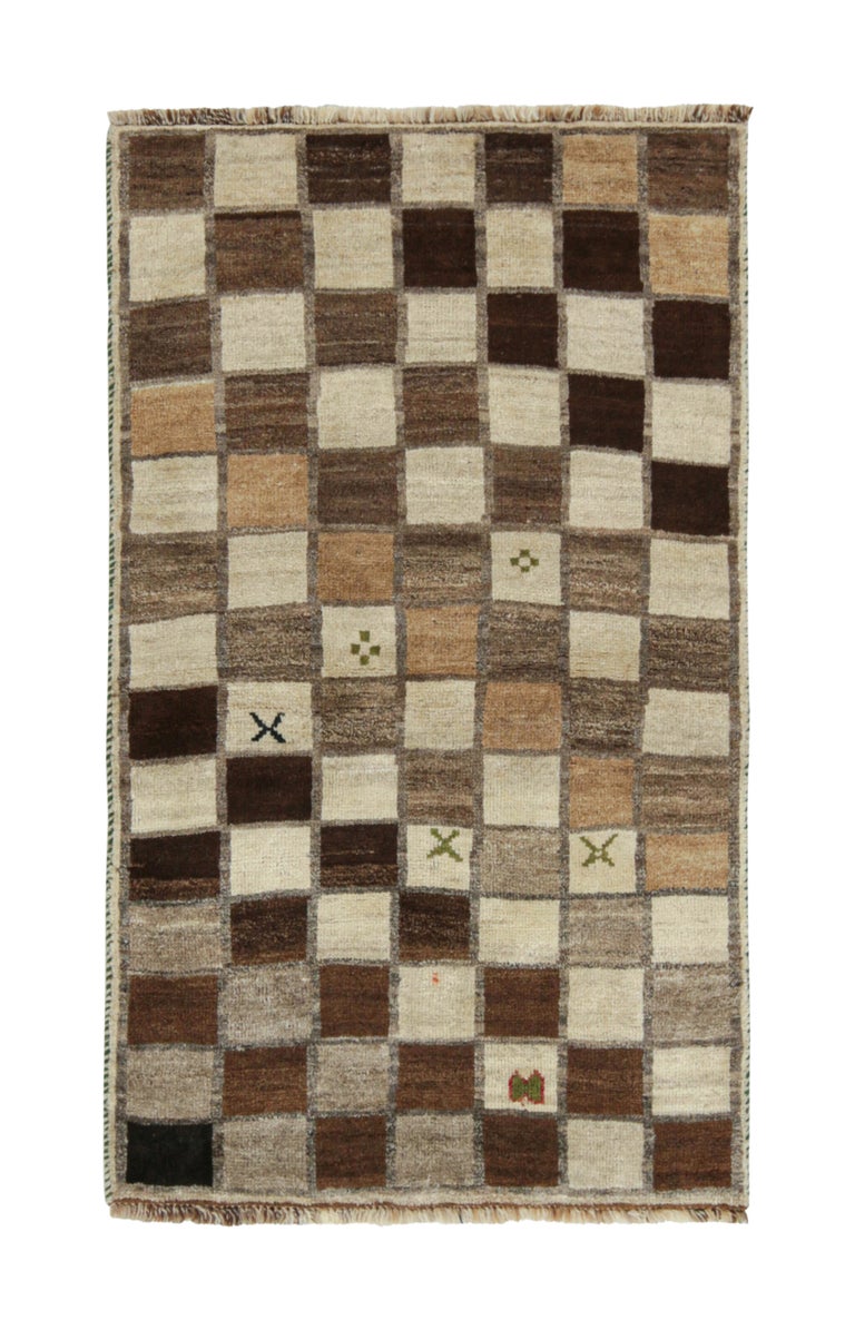 Vintage Gabbeh Tribal Rug in Beige-Brown and Grey Square Patterns by ...