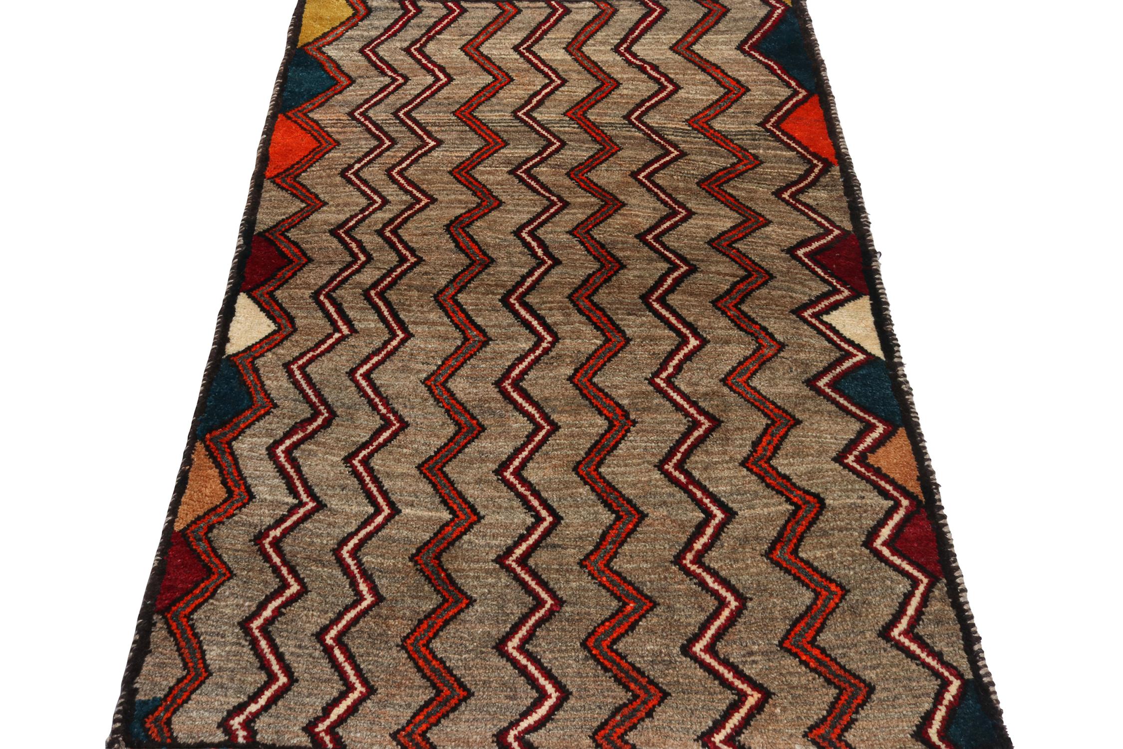 Turkish Vintage Gabbeh Tribal Rug in Beige-Brown and Red Chevron Patterns by Rug & Kilim For Sale