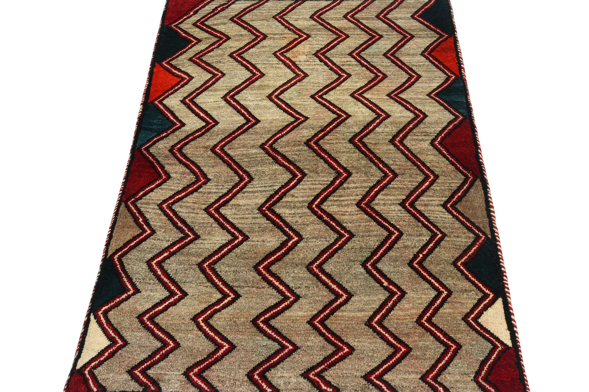Turkish Vintage Gabbeh Tribal Rug in Beige-Brown and Red Chevron Patterns by Rug & Kilim For Sale