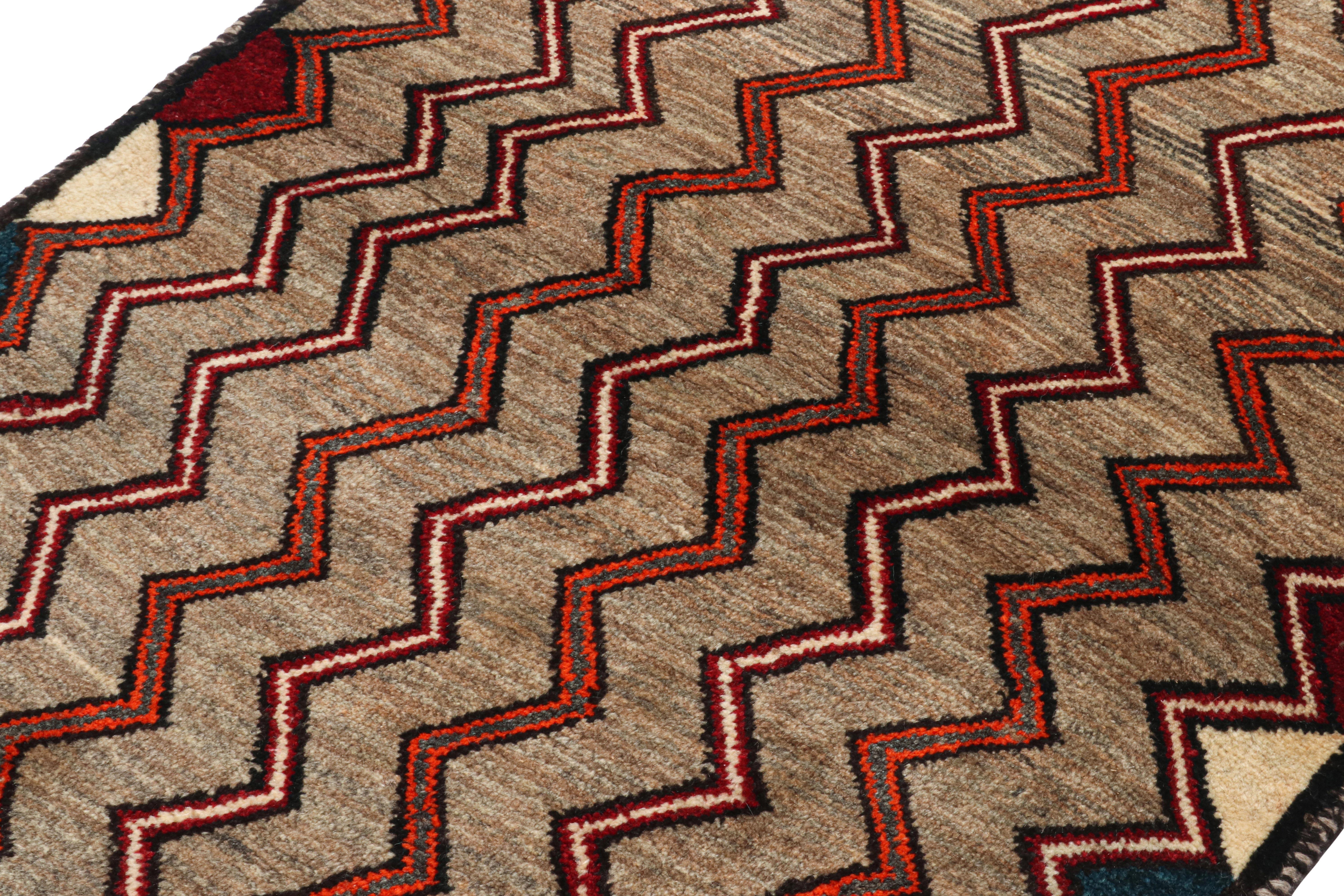 Hand-Knotted Vintage Gabbeh Tribal Rug in Beige-Brown and Red Chevron Patterns by Rug & Kilim For Sale