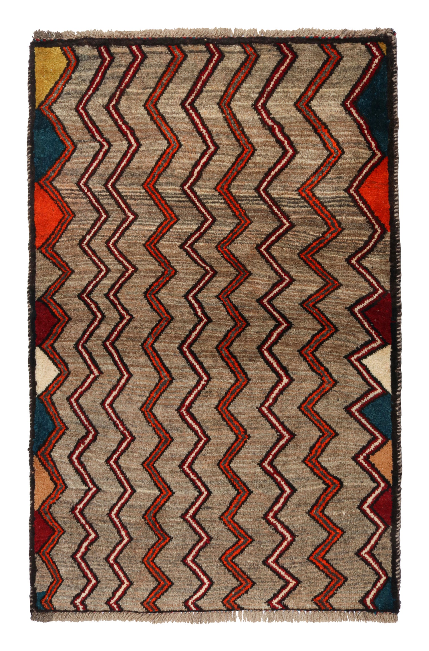 Vintage Gabbeh Tribal Rug in Beige-Brown and Red Chevron Patterns by Rug & Kilim For Sale
