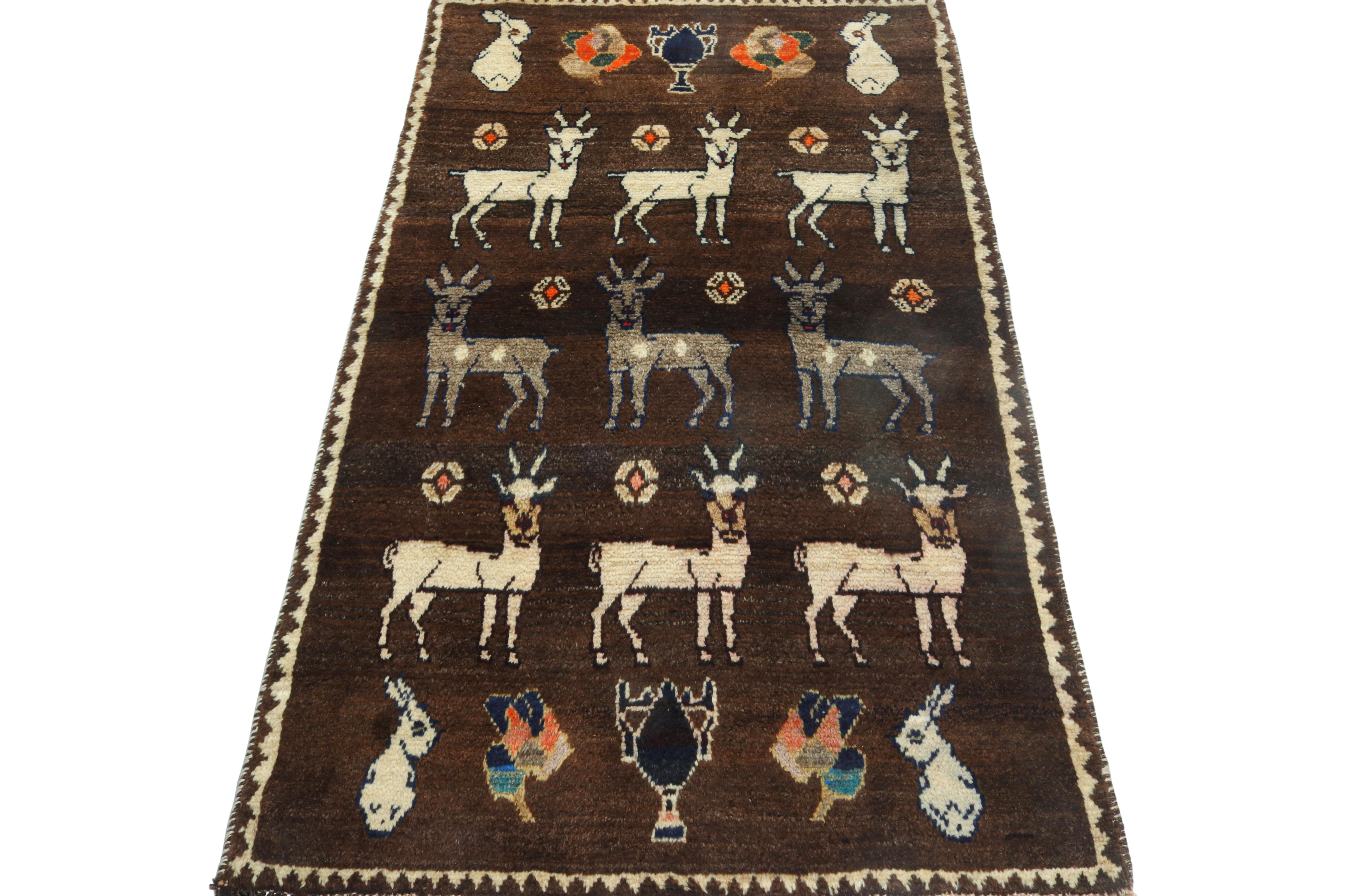 Turkish Vintage Gabbeh Tribal Rug in Beige-Brown Animal Pictorial Pattern by Rug & Kilim For Sale