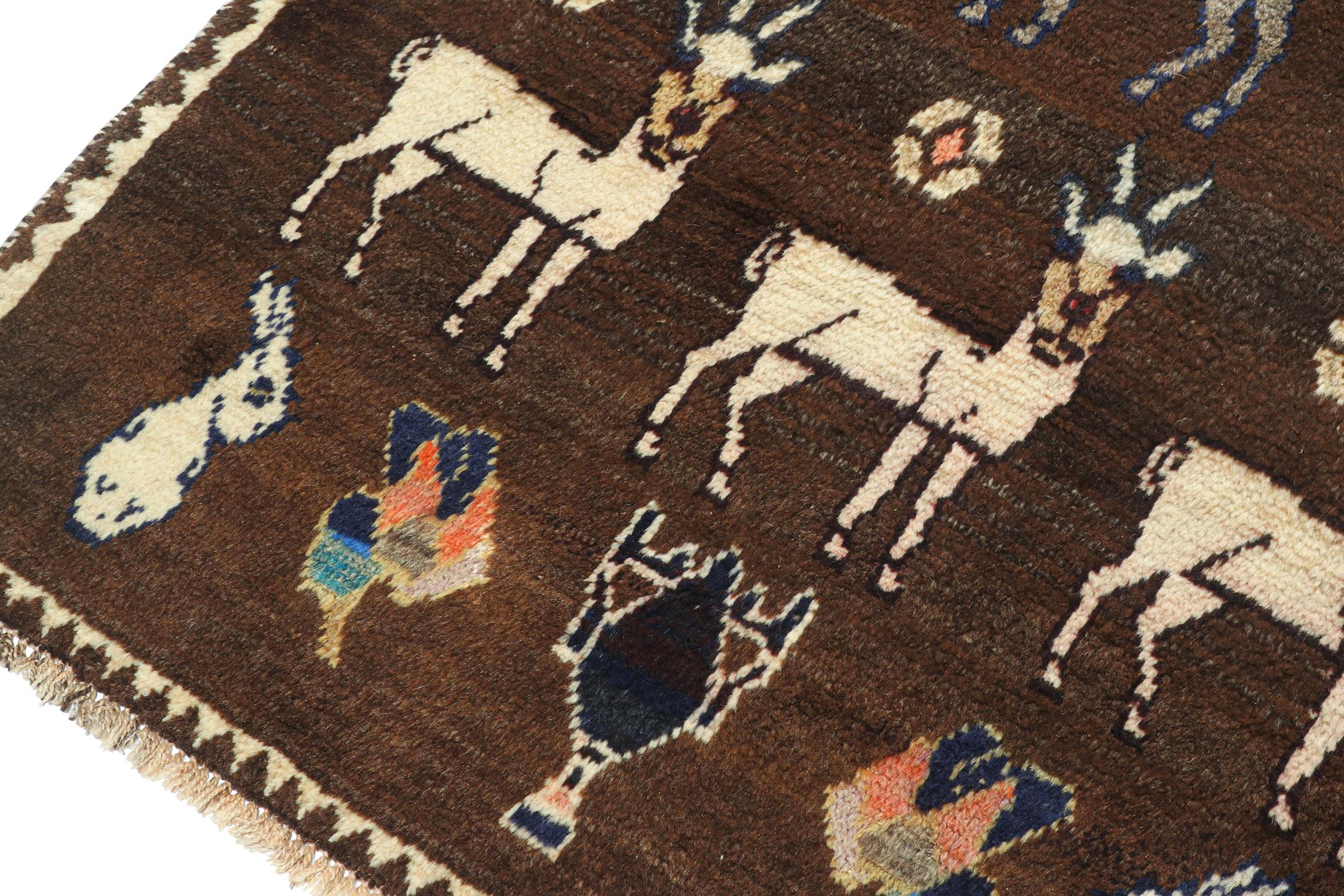 Vintage Gabbeh Tribal Rug in Beige-Brown Animal Pictorial Pattern by Rug & Kilim In Good Condition For Sale In Long Island City, NY